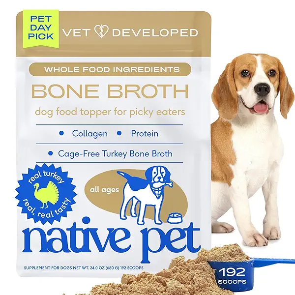 Native Pet Bone Broth for Dogs and Cats - Turkey Bone Broth Powder Dog Food Toppers for Picky Eaters - Provides Extra Nutrition for Joint Strength, Immune Support & Heart Health - 192 Scoops 1