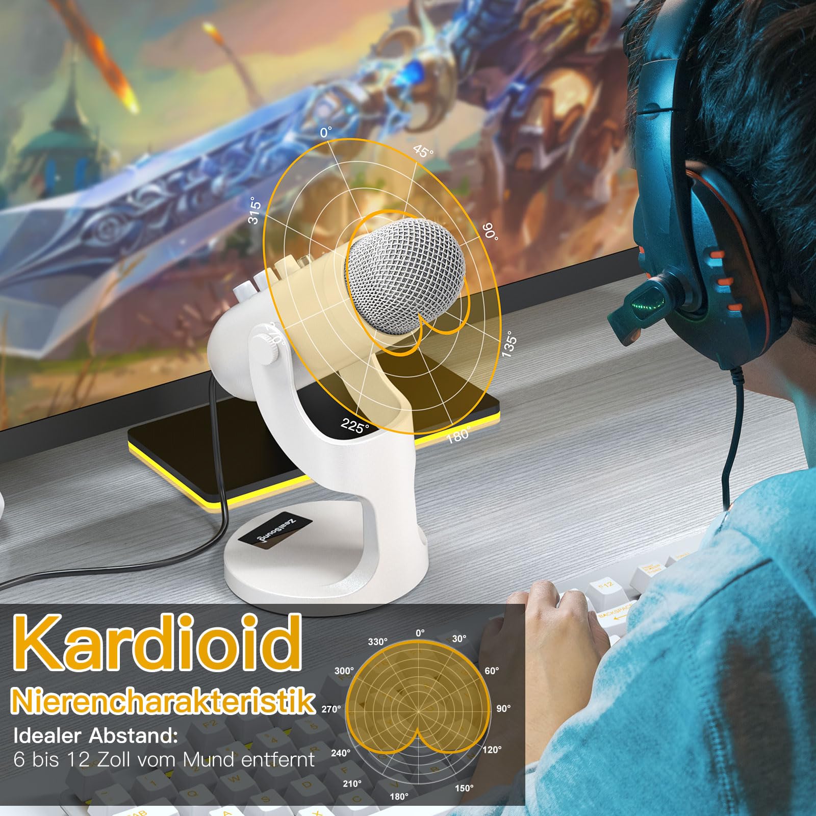 zealsound USB Mikrofon mit Rauschunterdrückung, Mute, Echo & Gain, für PC, Mac, iPhone, Android, PS4/PS5, ideal für Streaming, Gaming, ASMR, YouTube, Gesang, Twitch – K66 Pearly White