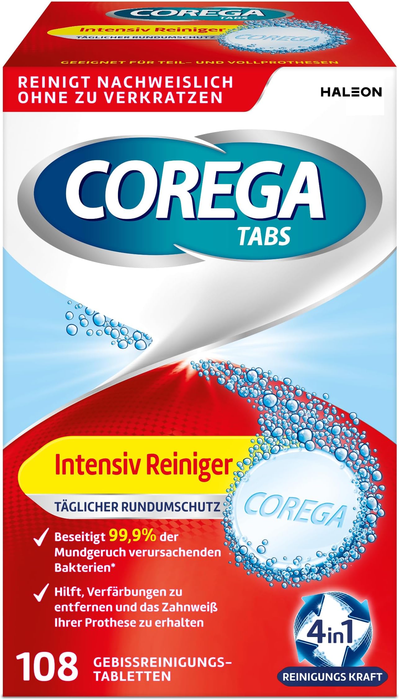 Corega Cleaning TABS Intensive Cleaner All-Round Protection for Removable dentures/Third Teeth, 1x108 Denture Cleaning Tablets