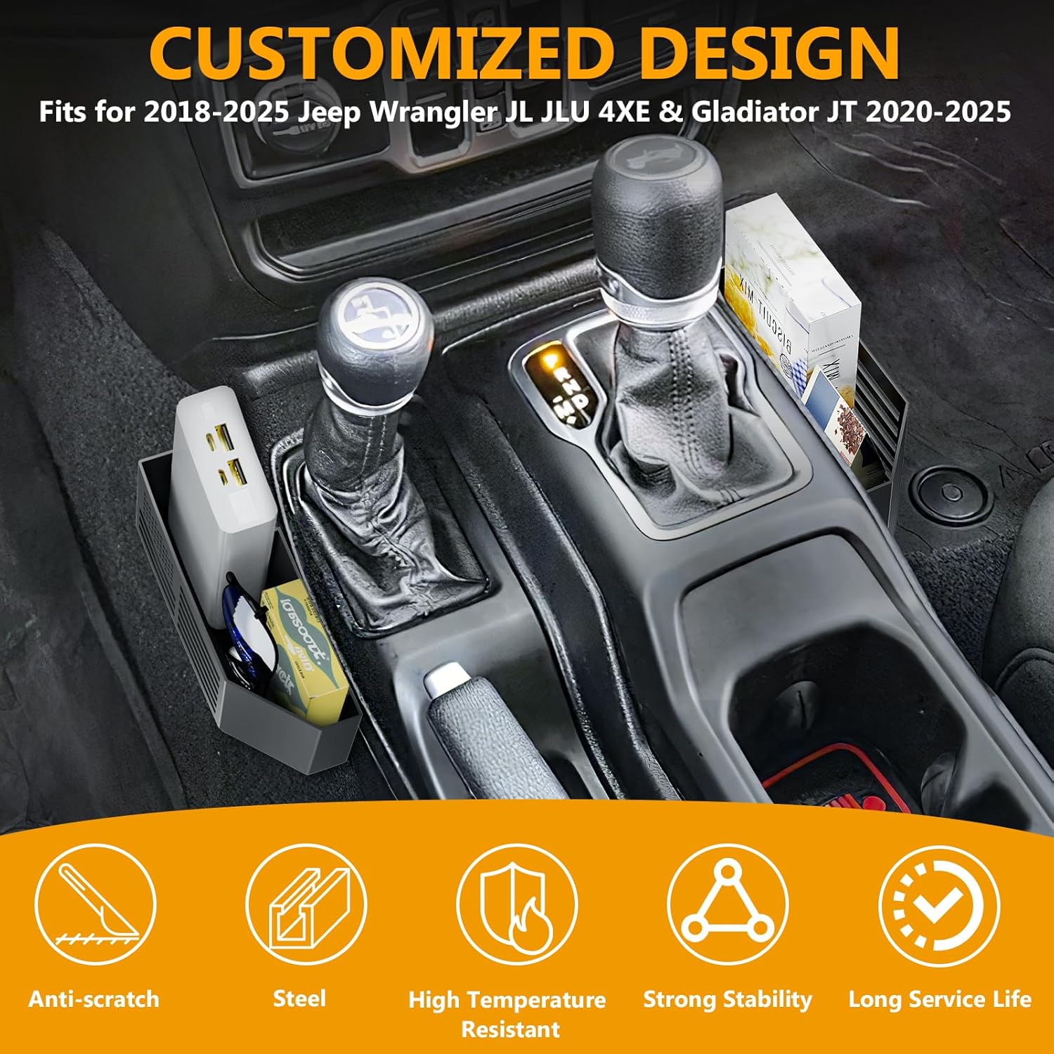 Upgrade Metal Gear Shift Center Console Organizer for Jeep Wrangler Accessories and Jeep Gladiator JL JLU 2025 2024 2023 2022-2018 Rubicon Sahara 4xe Storage Box Tray,Flag Logo (Not for JK/JKU)