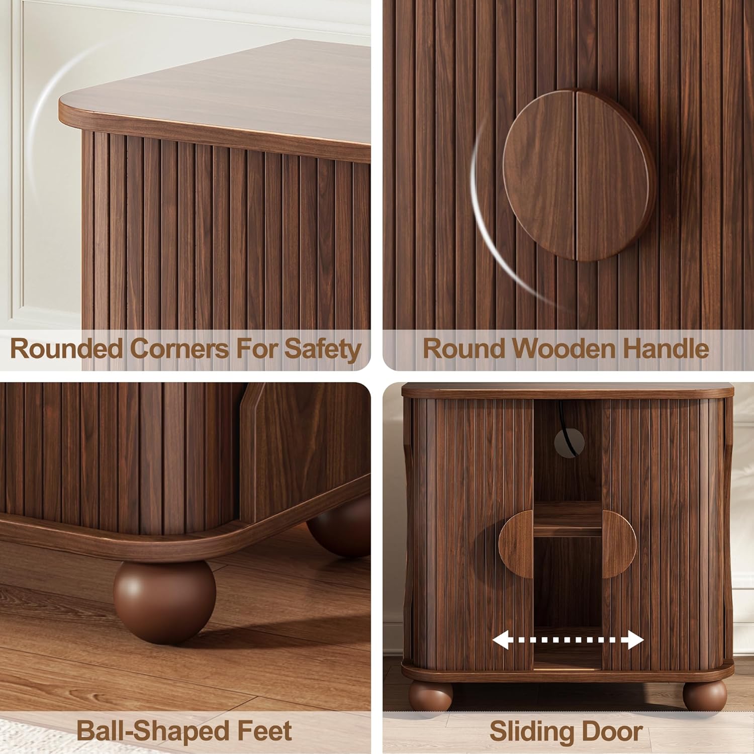 Square Nightstand with Charging Station，Round Wooden Sliding Door Handle， Modern Nightstand and Bedside Table ，Suitable for Living Room and Bedroom (Walnut)