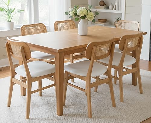 Vista 90 de EALSON Juego de 2 sillas de comedor de ratán, tapizadas de cuero, sillas de cocina de madera modernas de mediados de siglo, sillas laterales sin