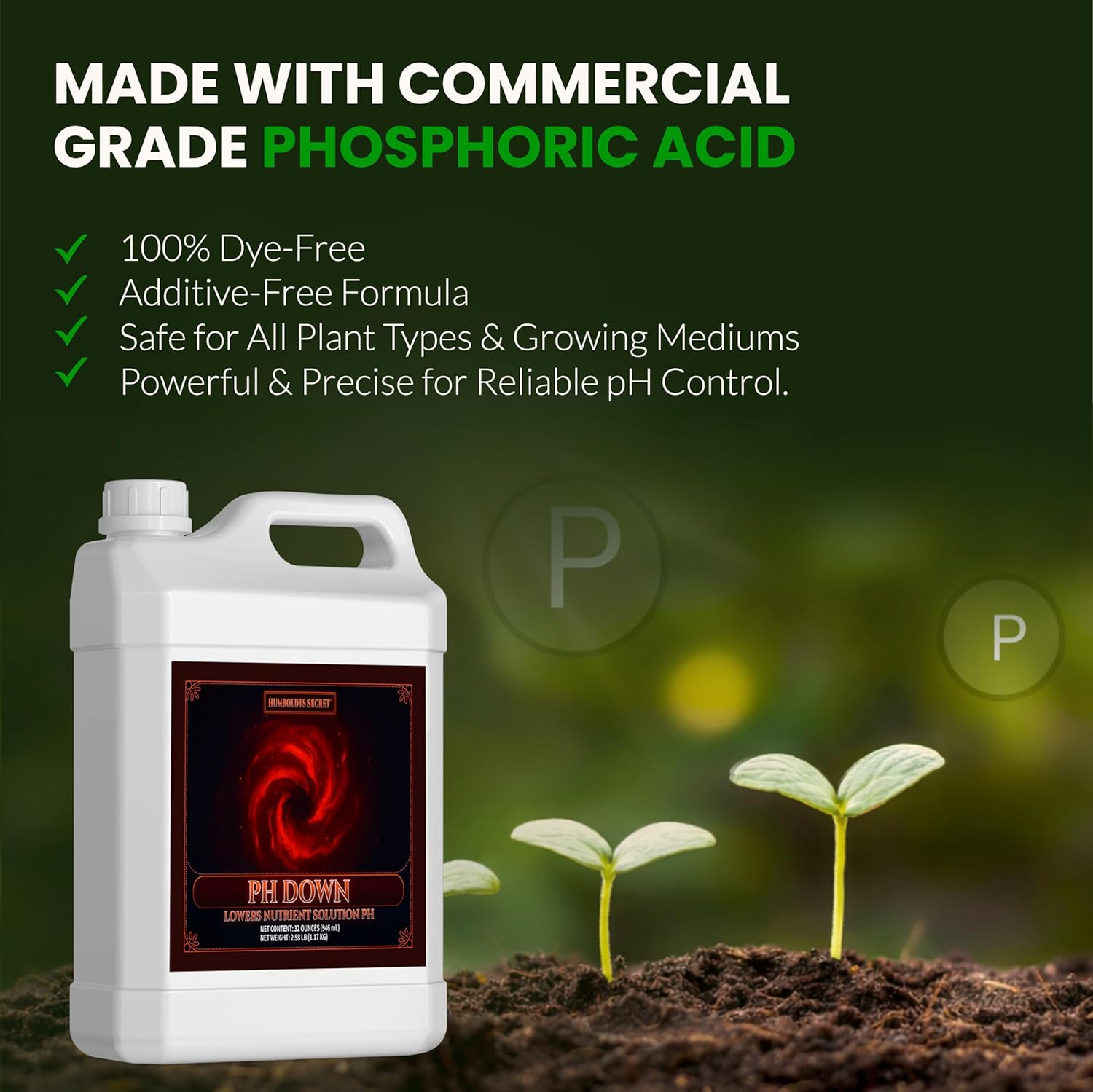 Humboldts Secret pH Down for Plants | Liquid pH Adjuster and Balancer for Soil Coco Hydroponics | Concentrated Phosphoric Acid Solution Supporting Nutrient Uptake and Strong Growth | 32 Ounce