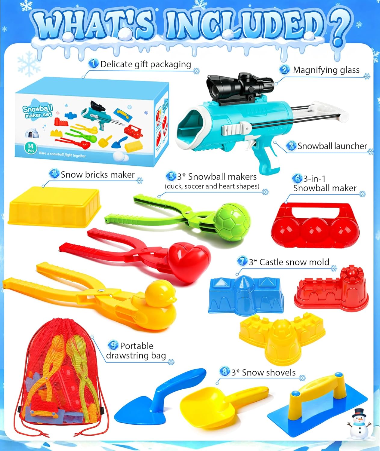 Snow Toys for Kids Snowball Maker, Winter Outdoor Toys with Snowball Launcher, Mesh Bag, Duck Heart Shape Snow Ball Molds Makers Gift for Toddlers Kids Adults