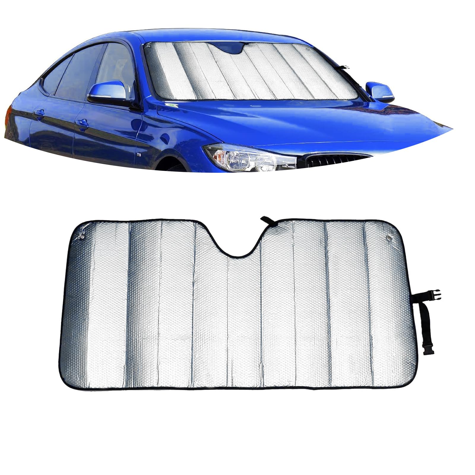 1 PC Car Front Windshield Sunshade, 57" x 27.5" Foldable Double-Sided Reflective Anti-UV Panel, Traceless Suction Cup Interior Protector, Universal Front Window Heat Shield for Cars (Silver)