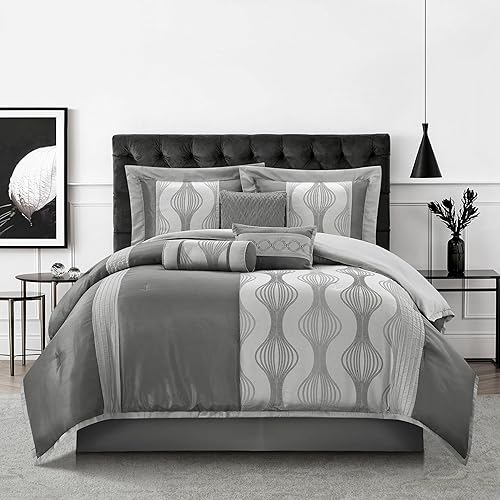 Vista 15 de Grand Avenue Elegante juego de edredón jacquard marrón, tamaño Queen, cama de 7 piezas en una bolsa, juego de ropa de cama a rayas para todas