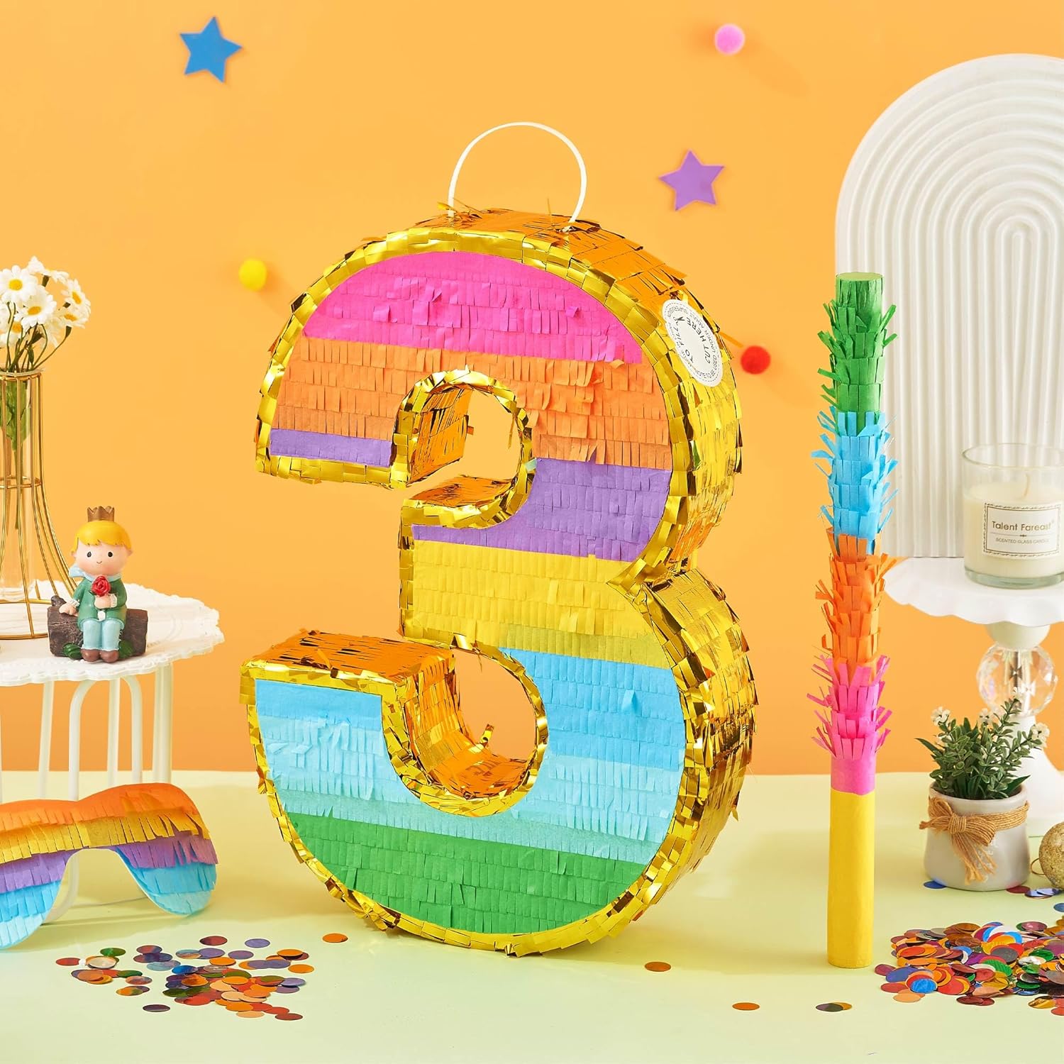 Rainbow Number 3 Pinata for 3rd Birthday Party Decorations, Birthday Pinata with Stick Blindfold and Confetti, Kids Anniversary Celebration, Fiesta (Small, 16.5 x 11.5 x 3 In)