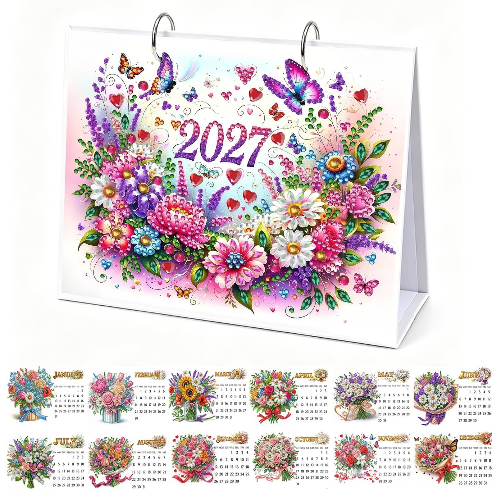 Lebartm 2027 DIY Diamond Art Desk Calendar 12 Month Double Sided Design with NOTES Ornaments Gemstone Painting Monthly Flip Tabletop Calendar for Office Home Planning-Flowers05 — image 1