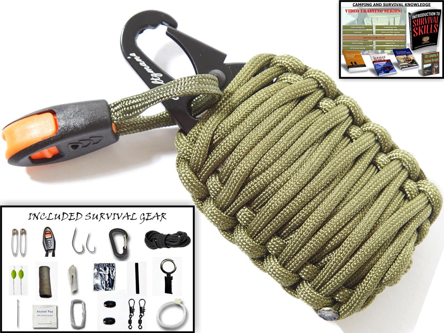 Holtzman’s Survival Kit Gorilla Egg : 550 Paracord Grenade Emergency Kit - Your Survival Pack Has an Upgraded Military Grade Carabiner Snap Hook is Stuffed with 18 Tools