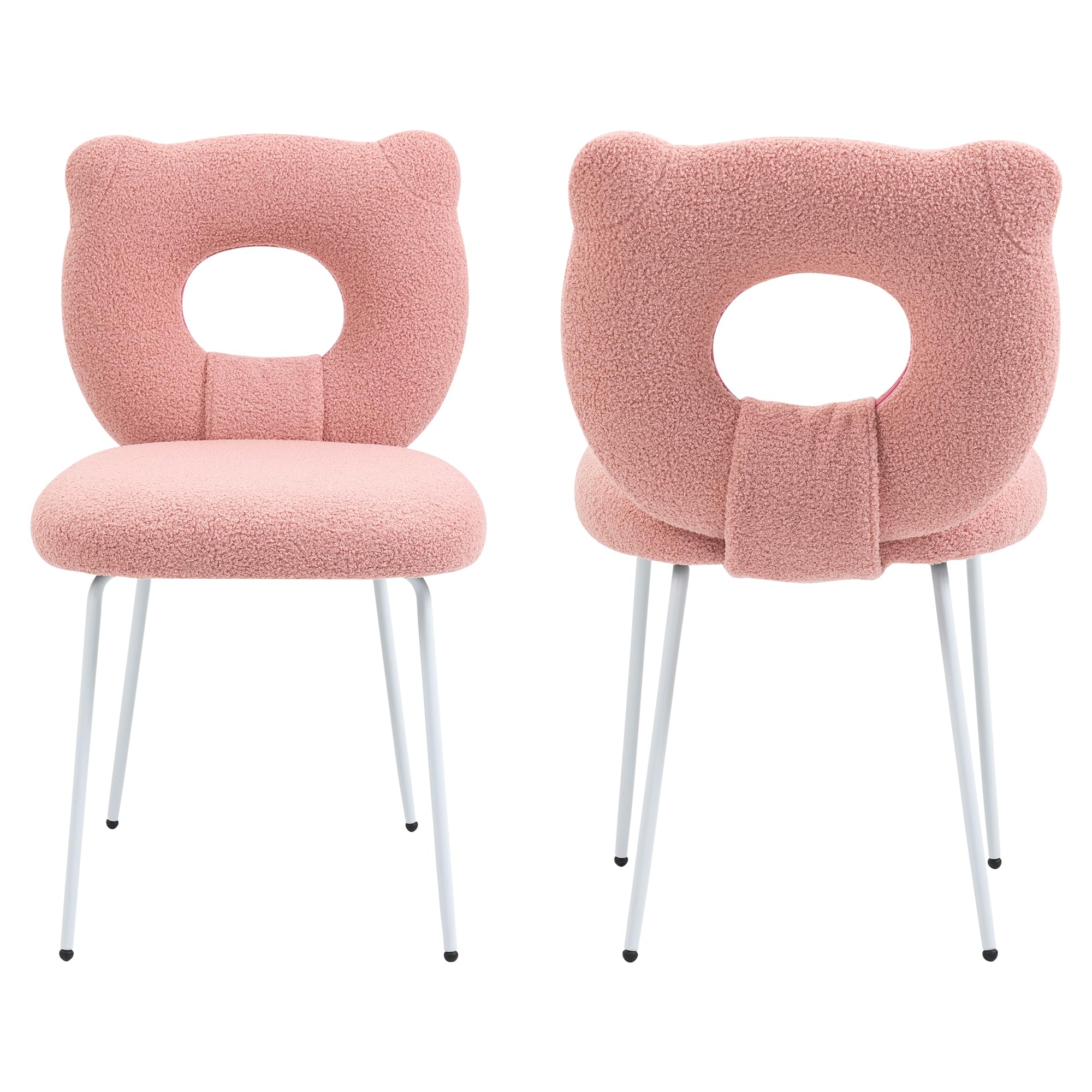 Boucle Vanity Chair Set of 2, Upholstered Sherpa Dining Chairs Pink Teddy Fabric Makeup Chair with White Metal Legs for Kitchen Living Room Bedroom
