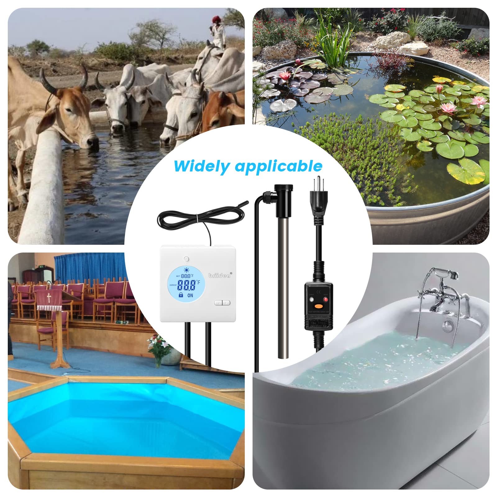 Briidea 1300W 120V Titanium Fully Submersible Portable Hot Tub Heater with Anti-Corrosion Sensor, Electrical Leakage Protection, Thermostat, Ideal for Baptistry, Bathtub, Pool