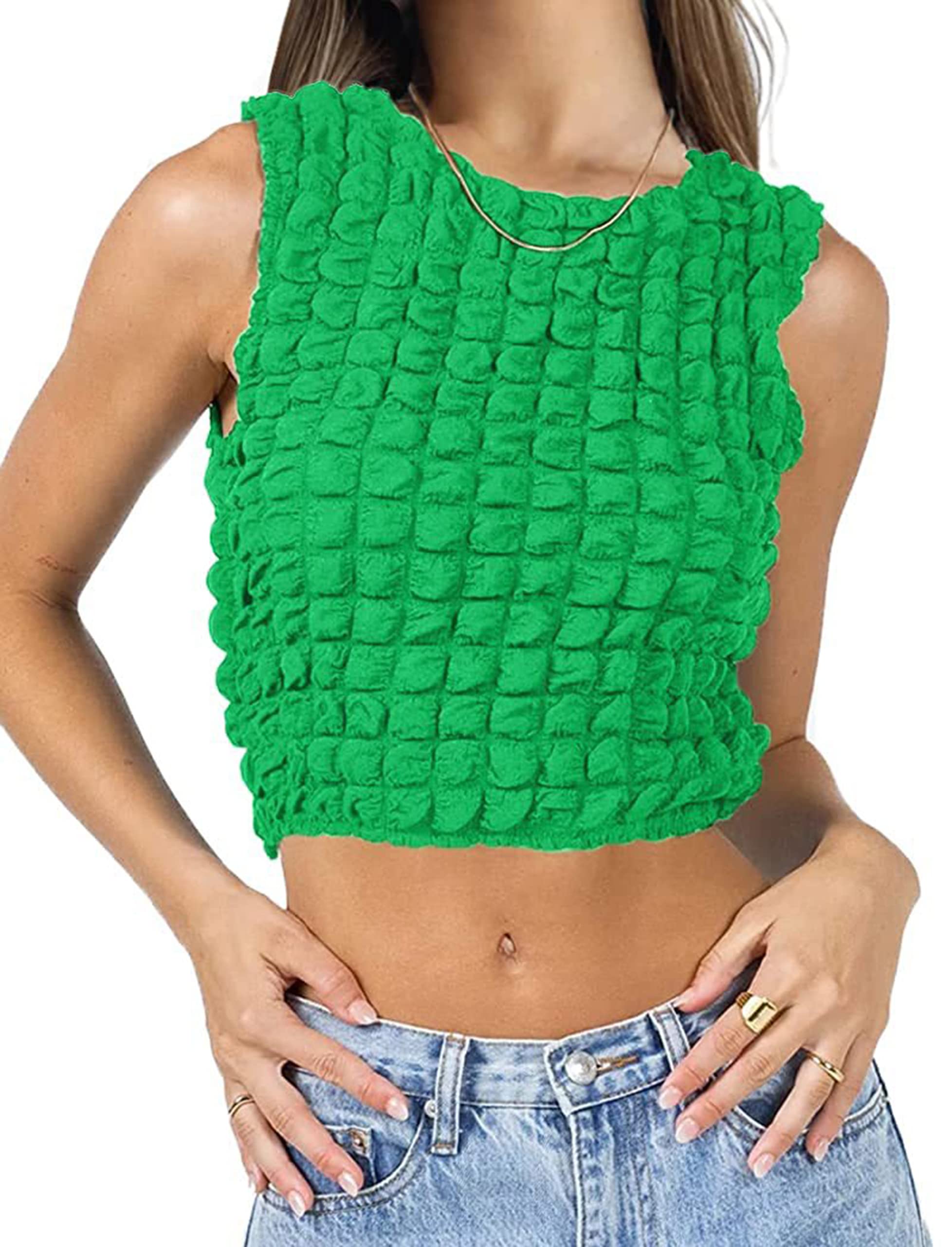 SAFRISIOR Women Popcorn Crop Tank Top Crew Neck Sleeveless Slim Fit