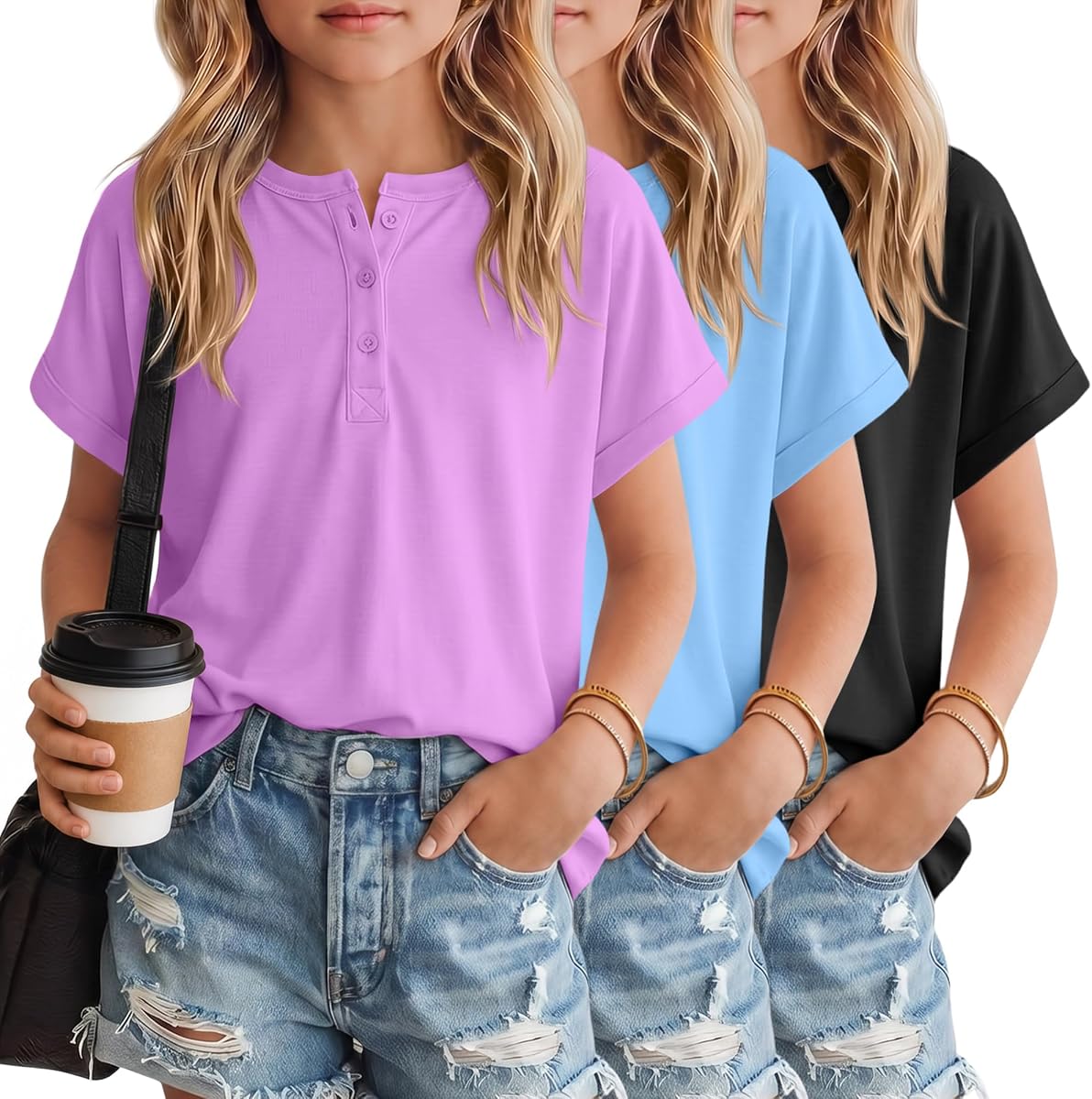 3 Pack Girl's T Shirts Summer Short Sleeve Tops Henley Round Neck Cute Shirts Loose Fit Kids Casual Basic Tees