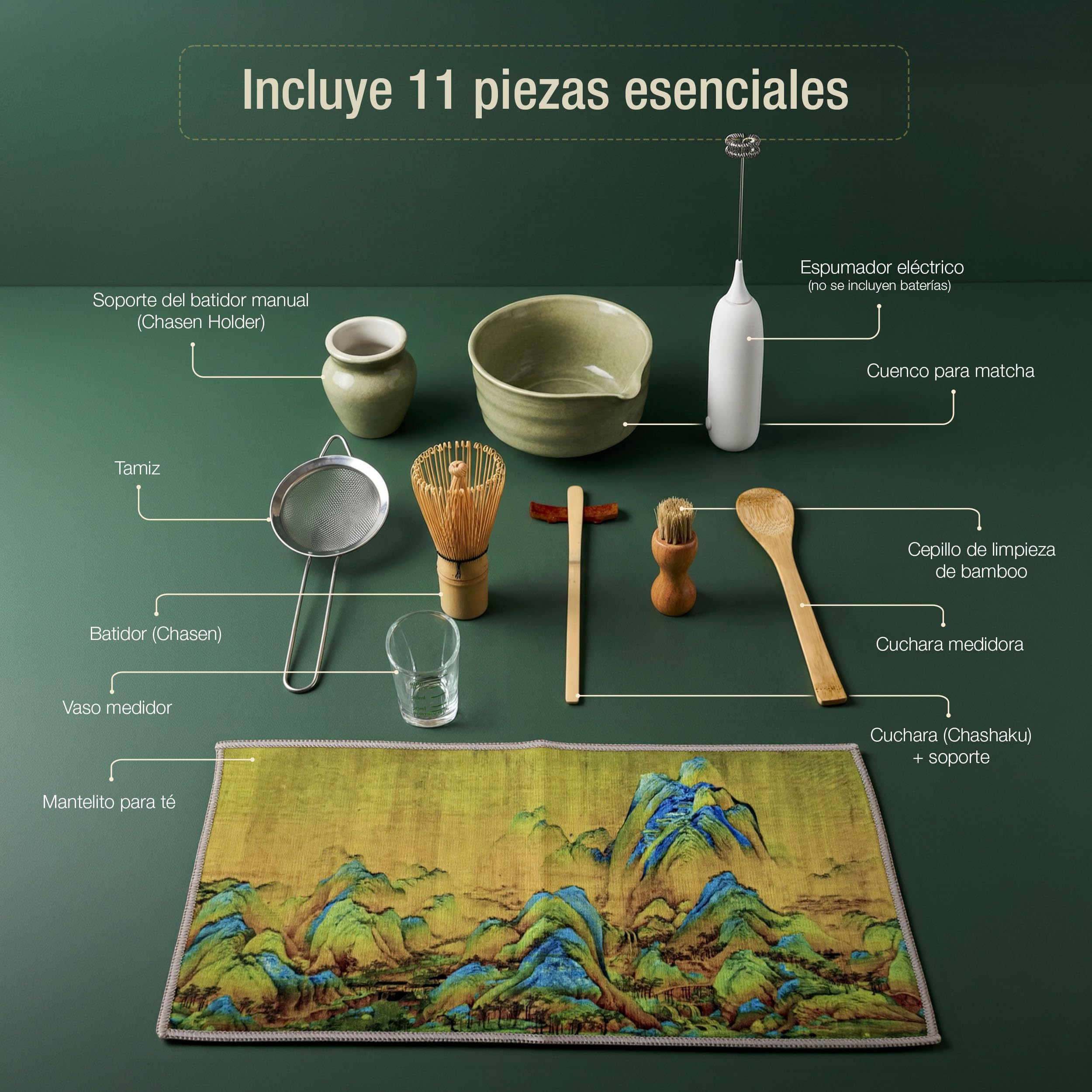 Kit Té Matcha de 11 Piezas con Batidor Eléctrico Espuma y Set Completo Accesorios Tradicionales Cuenco Ceramica Tamiz Bambú Preparacion Ritual Auténtico Iniciación Regalo Premium