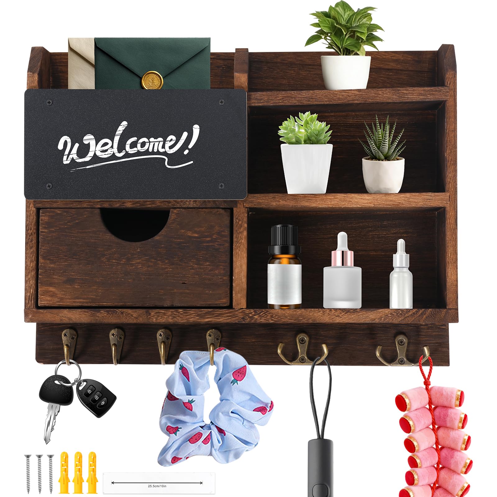 Foppla Dark Brown Wall Mounted Key Holder With Mail Organizer And Chalkboard, Wooden Wall Mounted Organizer 6 Hooks For Sunglasses And Dog Leash, Entryway Hallway Mudroom Decor(Dark Brown)