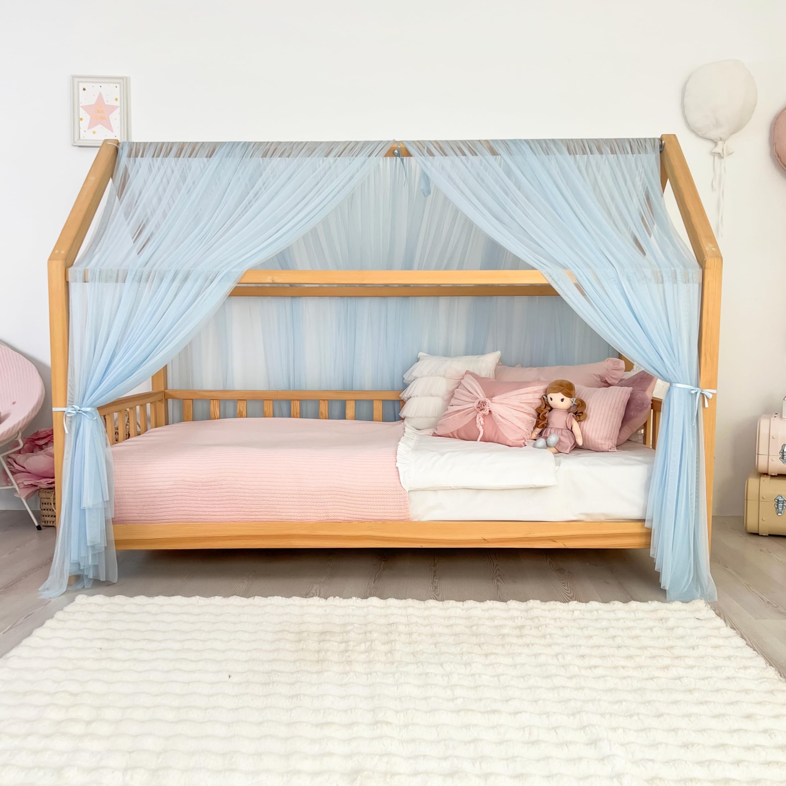 Tenda a baldacchino per letto della cameretta dei bambini, decorazione per letto montessori, tenda da gioco in morbido tulle per bambini (blu, 340 cm, set da 4)