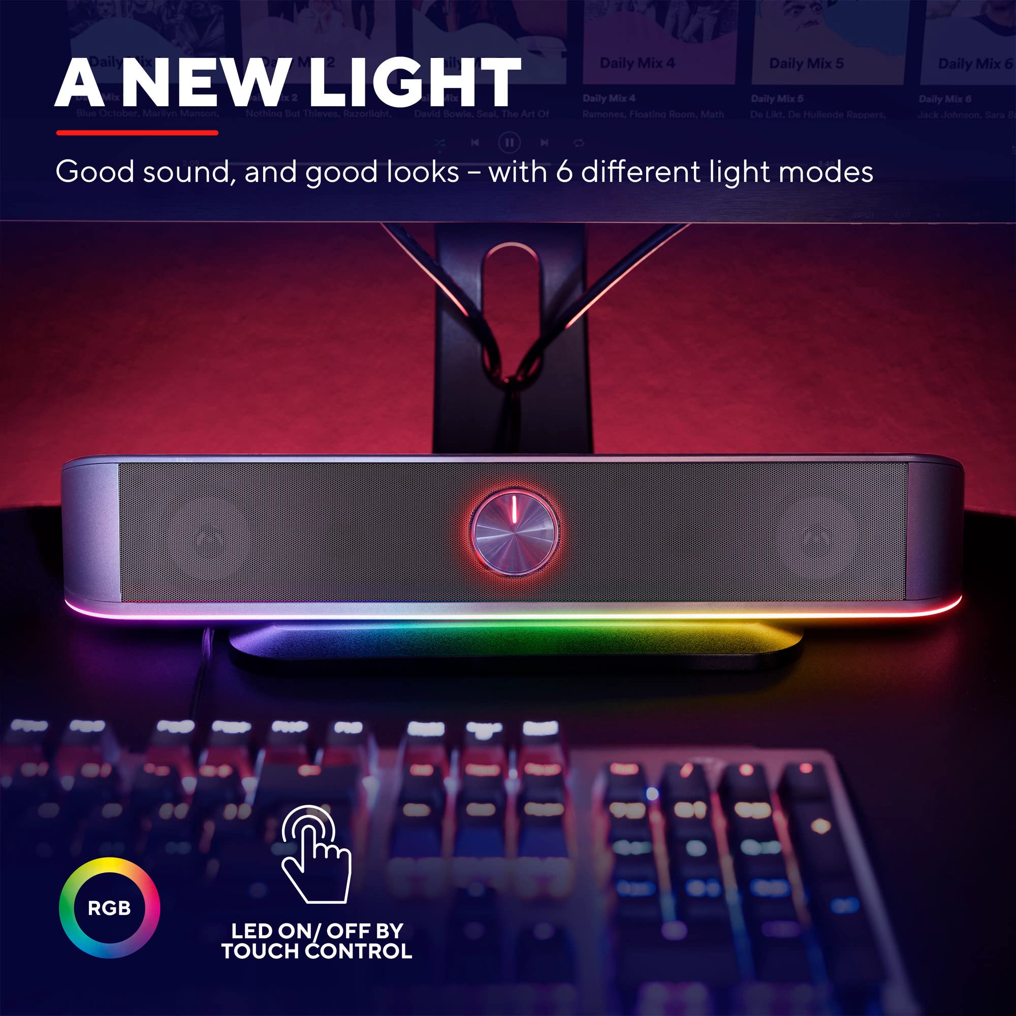 Trust Gaming Stereo Soundbar z oświetleniem RGB GXT 619 Thorne – komputer, głośnik 2.0 z oświetleniem LED RGB, zasilanie przez USB, 12 W, PC/laptop, czarny