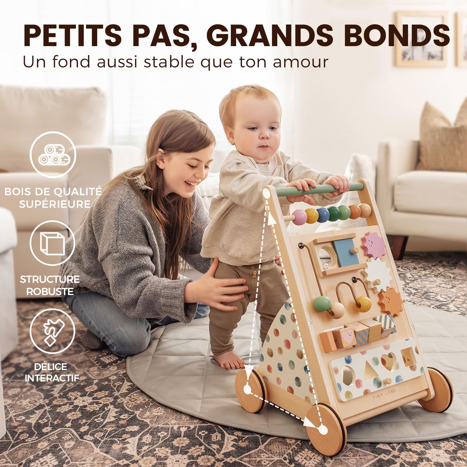 Tiny Land Trotteur en bois pour bébé - Aide à la marche avec vitesse réglable - Pour garçons et filles - Déambulateur et centre d'activité pour bébé