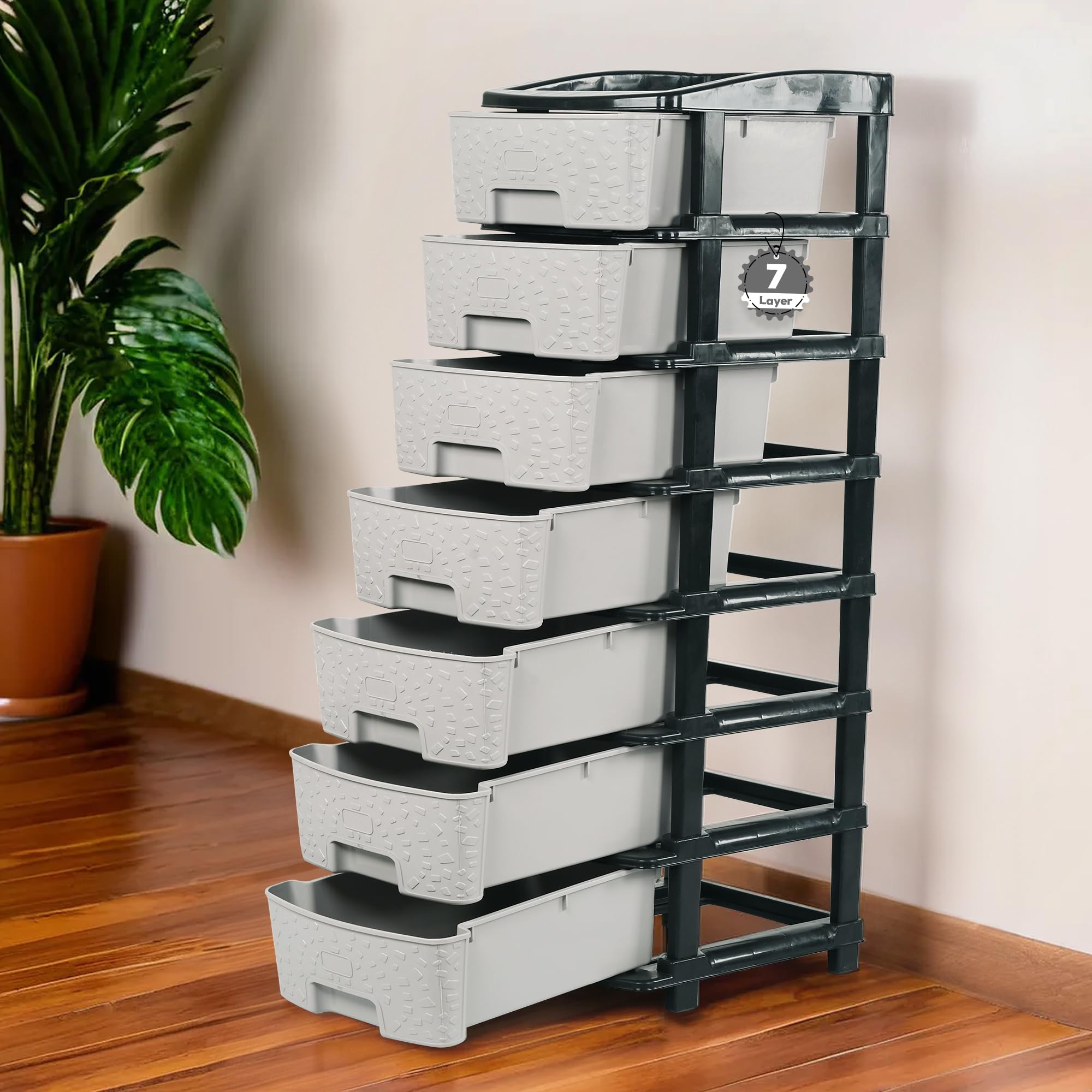 Criusia 7 Tier Modular Drawer Storage Organizer | Easy-to-Clean Books, Clothes & Toys Organizer for Kids Room, Bathroom & Parlour | Black & Grey