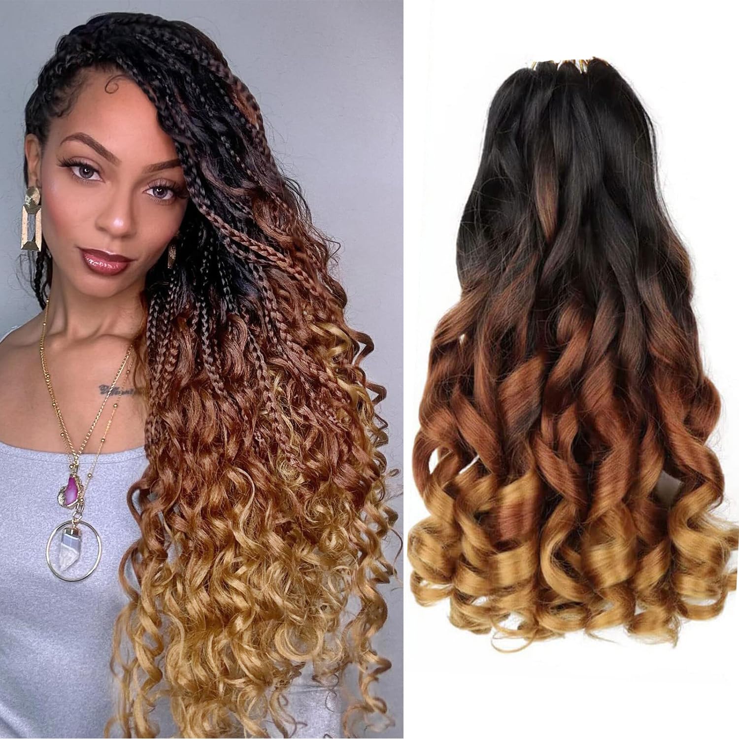 6 Packs French Curl Braiding Hair Extension Crochet Braids Hair Extensions (#1B/30/27, 16Inch (Pack of 6))