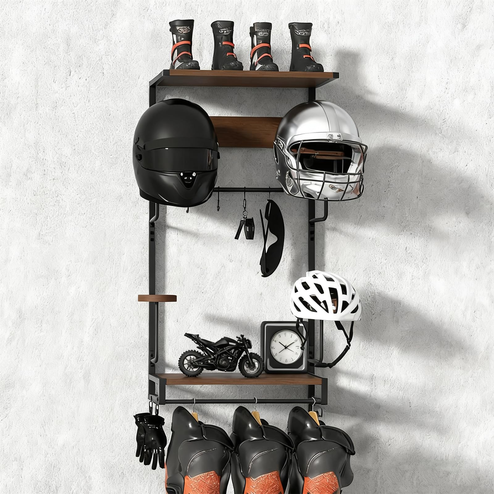 Support Casque Moto, Porte Casque Moto Mural pour Accrocher Le Casque et la Veste de Moto au Mur,Avec des planches en bois doubles，pour ranger vos accessoires de moto