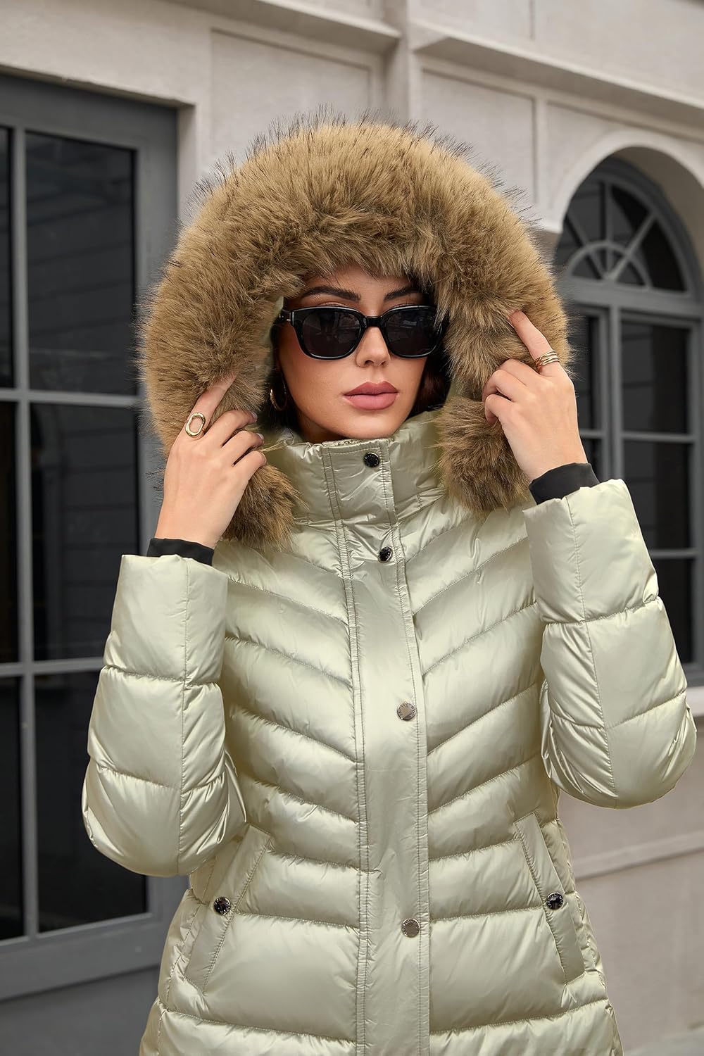 PAPILLON D'OR WEAR YOUR WINGS Women's Shiny Puffer Coat with Detachable Faux Fur Collar & Hood Winter Jacket - Image 6