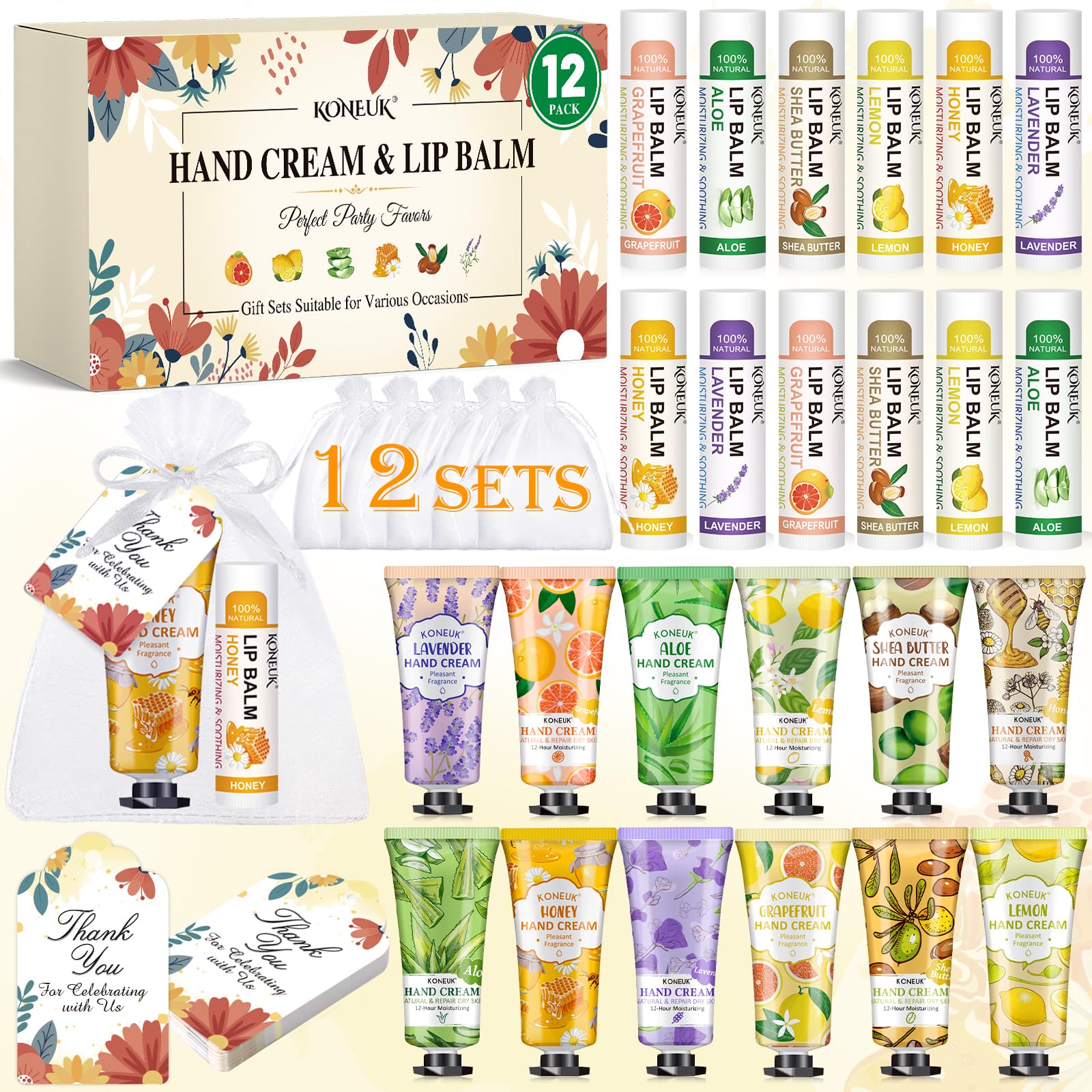 KONEUK 12 Pack Bulk Hand Cream and Lip Balm Set for Women, Mothers Day Gifts, Teacher Appreciation Gifts, Nurse Gifts, Bridal Shower Favors, Wedding Shower Favors and Bulk Gifts for Guests