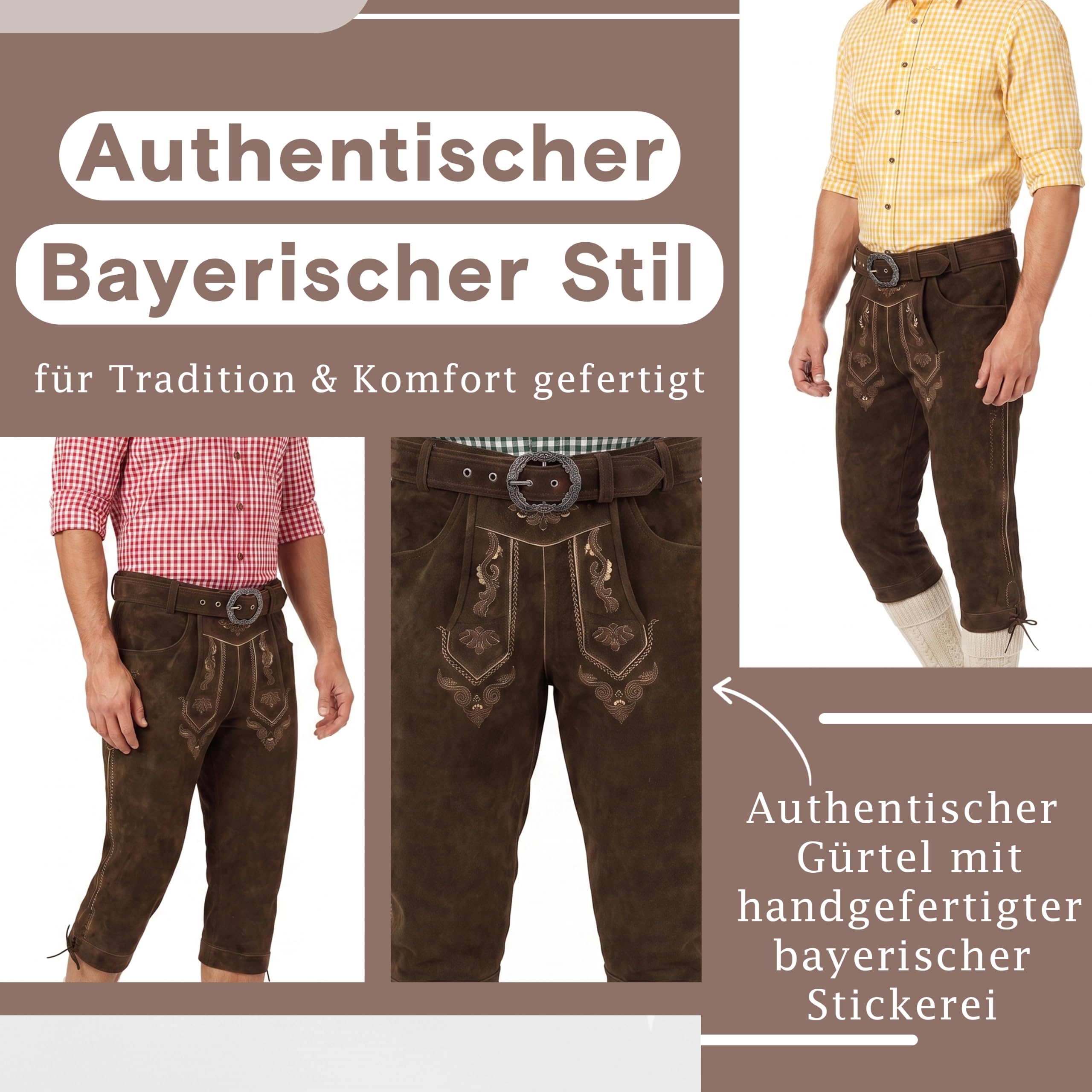 German Wear Trachtenlederhose Herren Kniebund Lederhose mit Gürtel 100% Wildleder Rindsvelours Traditionelle Stickerei Messertasche für Volksfeste Trachtenveranstaltungen