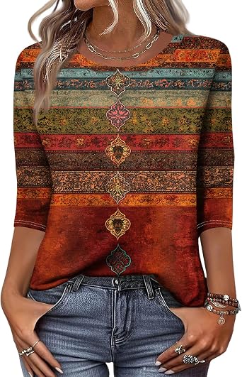 Spring Tops for Women 2026 Trendy 3/4 Sleeve Boho Crewneck Loose Fit Business Casual Blouses Vintage Graphic Shirts