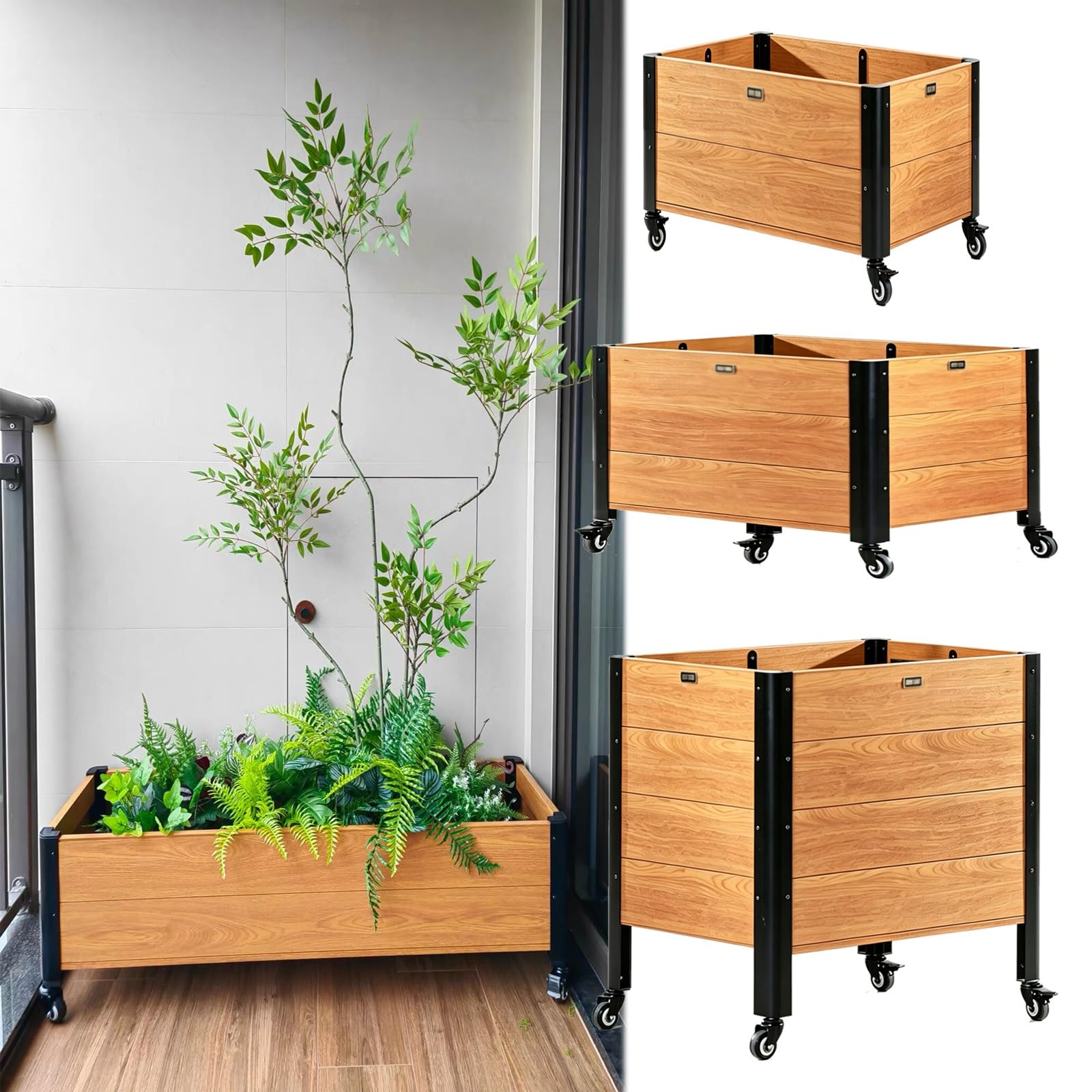 Cama de cultivo rectangular de aluminio para exterior, macetero móvil | Con acabado imitación madera|Rectangular|Esquinas redondeadas|Ideal para verduras, flores y hierbas(L120xW40xH45xD38CM)