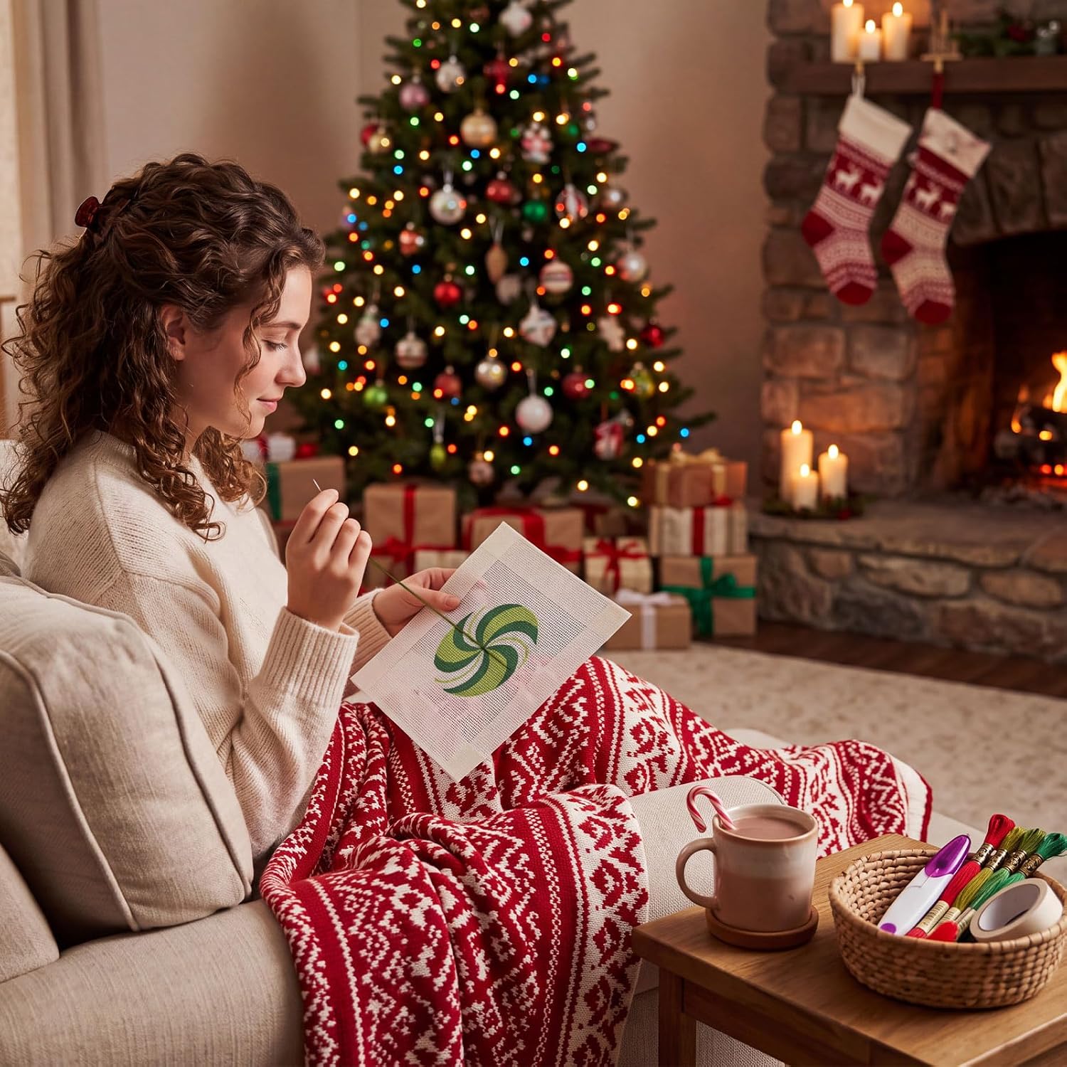 Chumia 3 Set Christmas Candy Needlepoint Kits for Beginners, 8x8inch Canvas