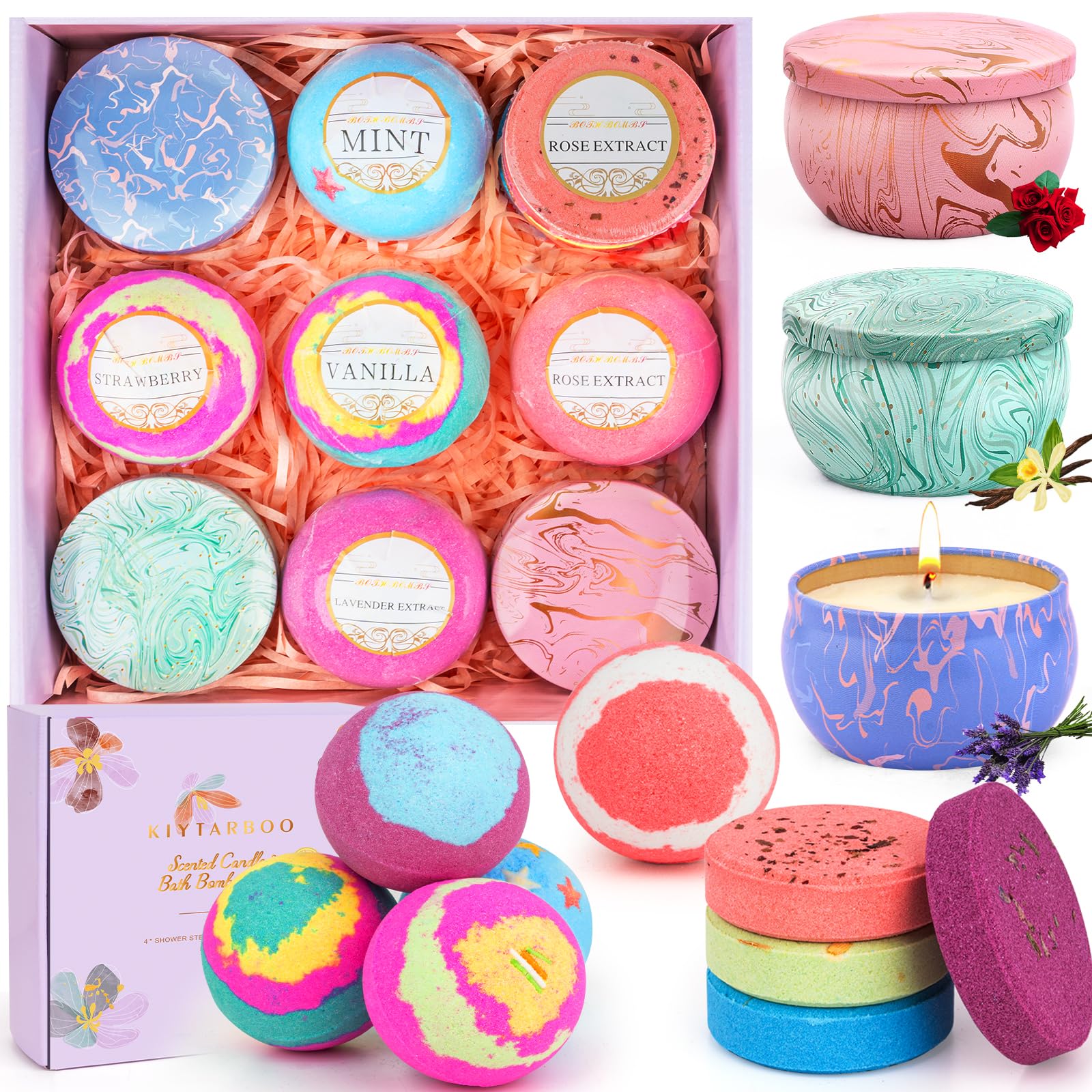 Bath Bombs for Women Gift Set - Bath Sets for Women Gift - 5 Large Bath Bomb Set with 4 Shower Steamers & 3 Candles - Birthday/Thanksgiving/Mother's Day Gifts
