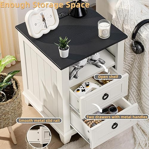 Miniatura 65 de Juego de 2 mesitas de noche estilo granja de 18" con estación de carga, cómoda con mesa auxiliar de 2 cajones para dormitorio, mesita de noche de