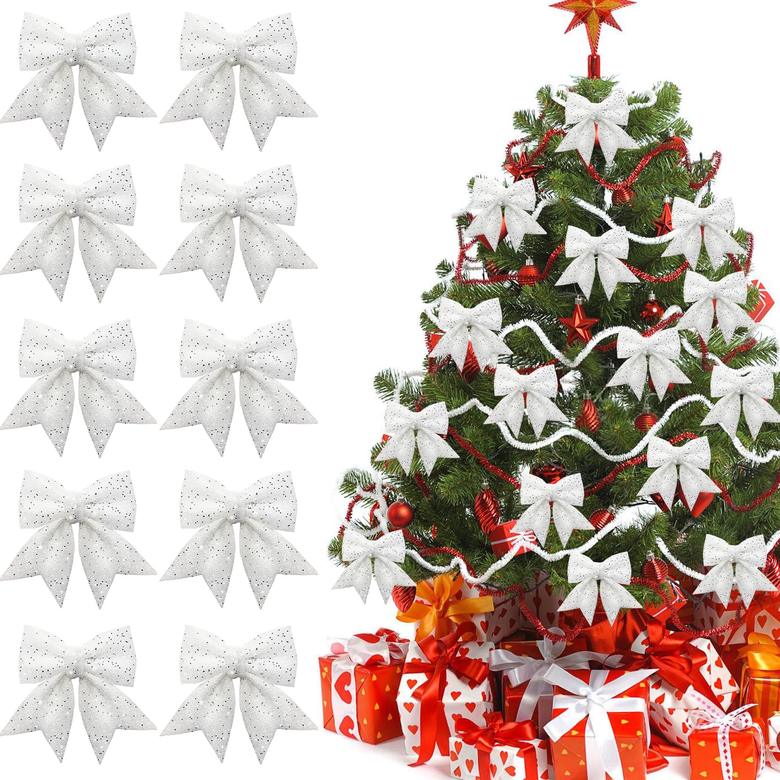ACTOYS Lazos Navidad,10 Lazos Arbol Navidad, Lazos Regalo, Lazo Purpurina, Decoracion Arbol Navidad, Adornos Navidad, Arco de Navidad, Adornos Navideños Decoración Regalos Casa (Blanco)