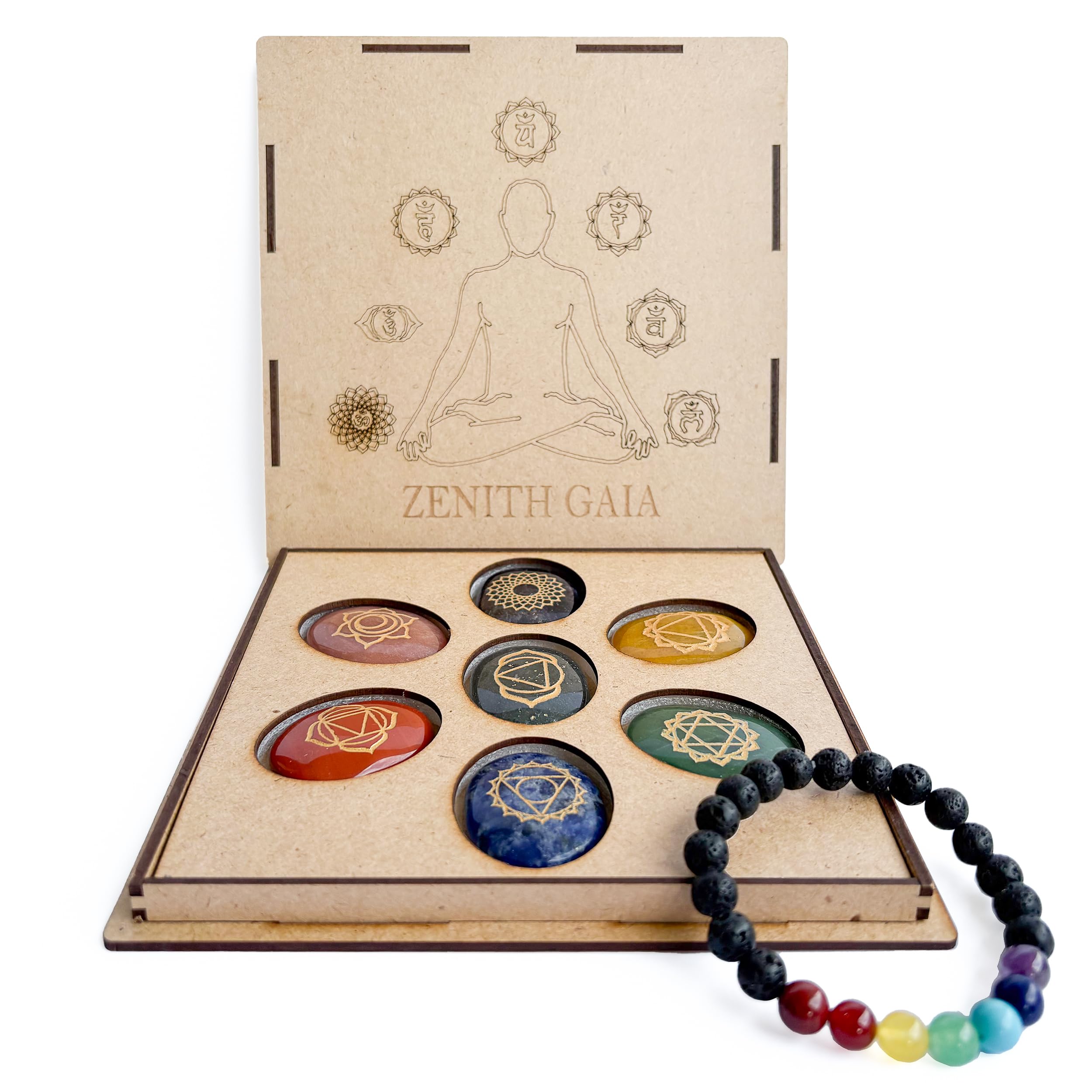 Premium Chakra Steine Set mit Armband – Handgefertigte 7 Edelsteine – Natursteine in edler Holzbox – Chakra Heilsteine Set für spirituelles Gleichgewicht und Energiearbeit - Worry Stones