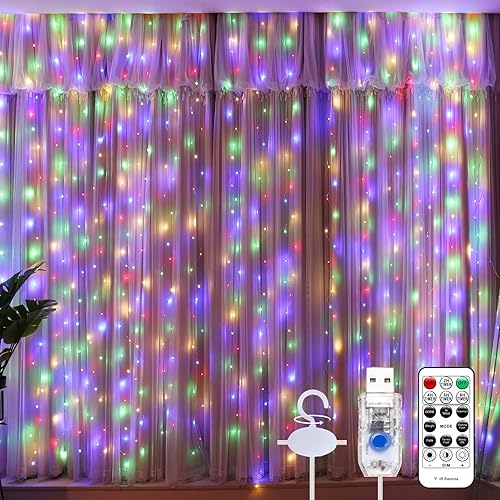 SINAMER Guirnalda de luces de cortina multicolor para dormitorio, funciona con USB, 8 modos de luz remota para decoración del hogar, boda, fiesta