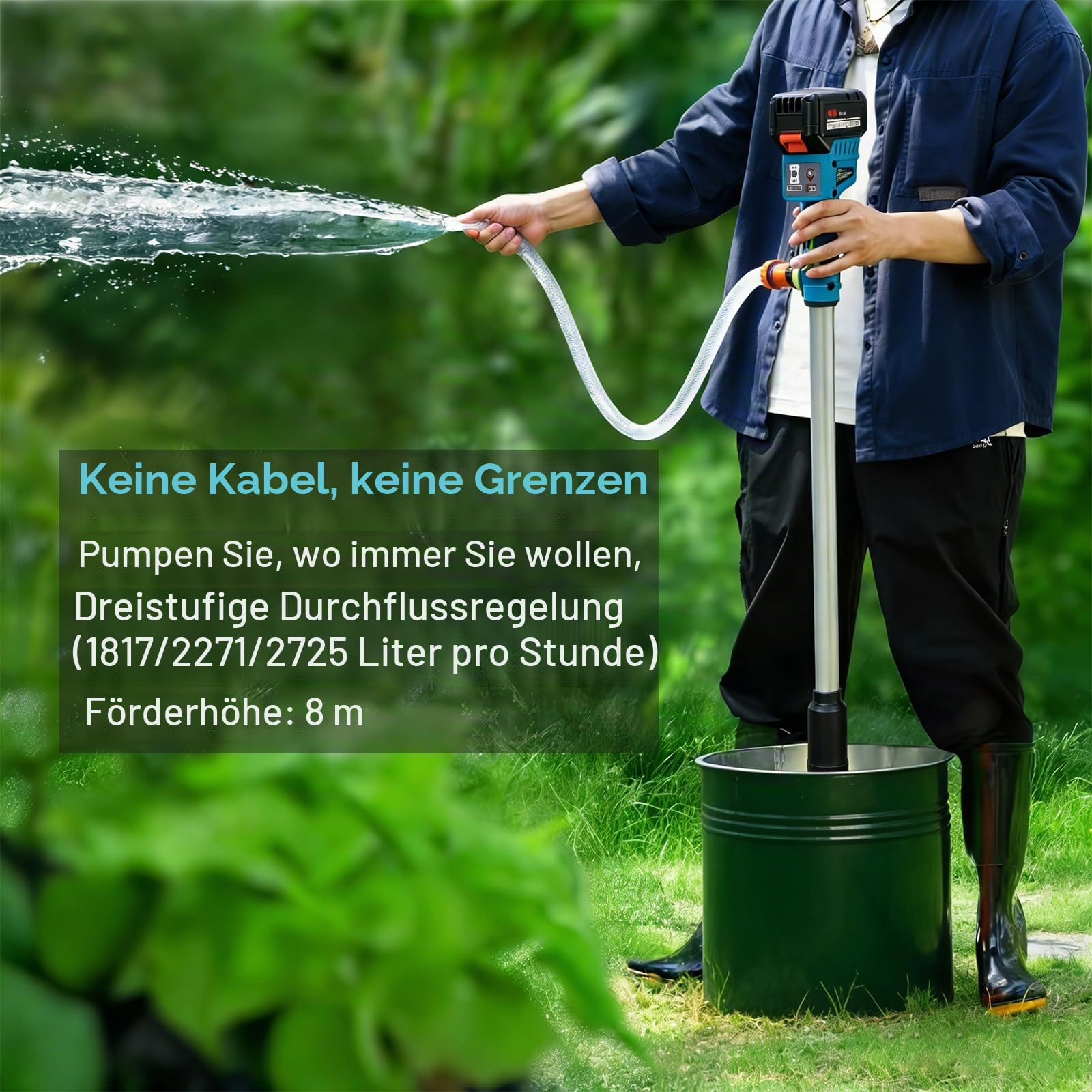 Akku Regenfasspumpe 21V, Regenfasspumpe Akku mit 2×1500mAh Akku und 8m Schlauch, Bürstenlos Motor,3-stufiger Durchfluss, max.Fördermenge 3000 L/h, Förderhöhe 8 m, für Garten Pool Wohnmobil Regentonne