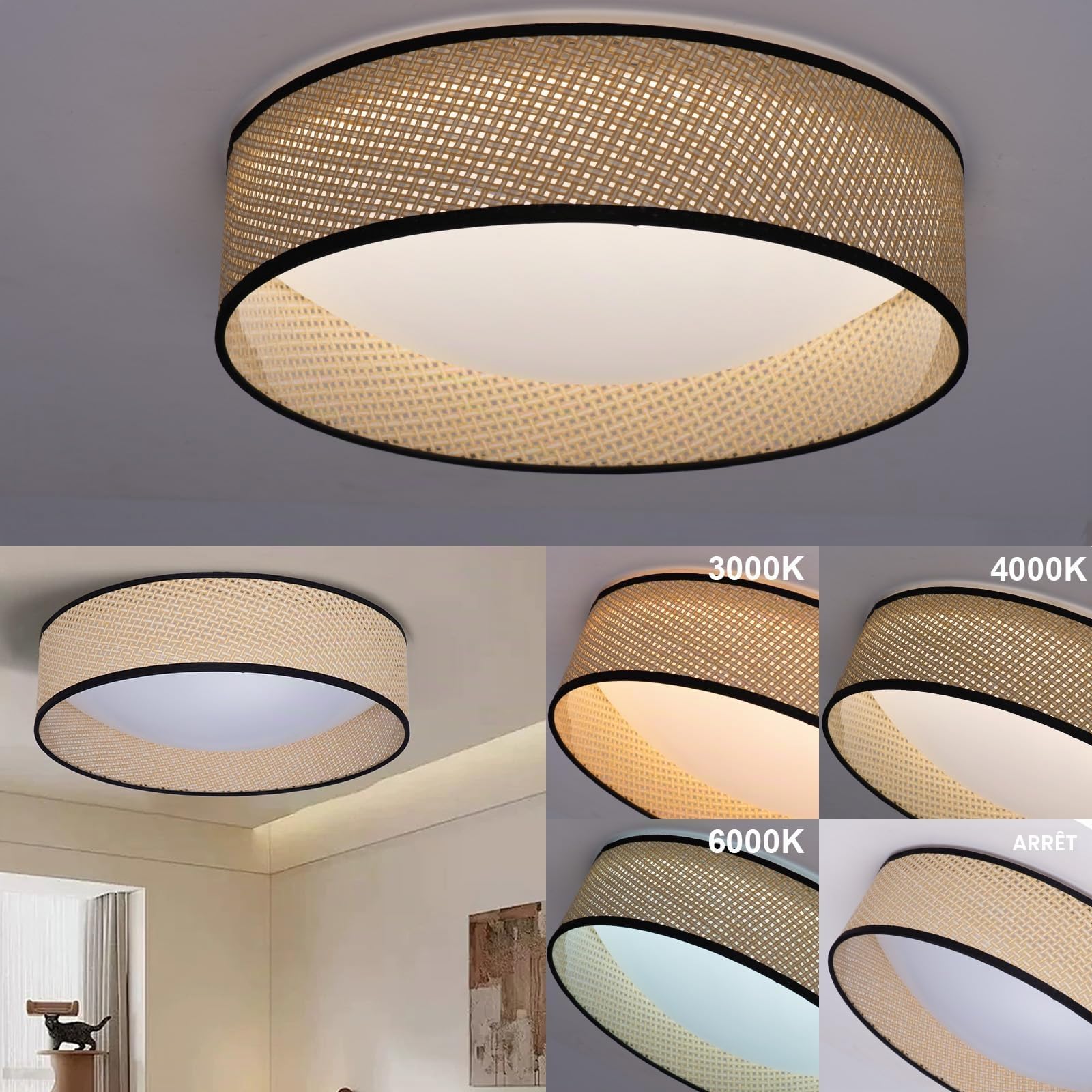 Alpinaluz Plafonnier LED Rond de Plafond 30W CCT 3000K-6000K Abat-jour Tressé en Rotin Naturel Ø40 cm Style Nordique Bohème Éclairage Décoratif pour Salon Chambre Salle à Manger