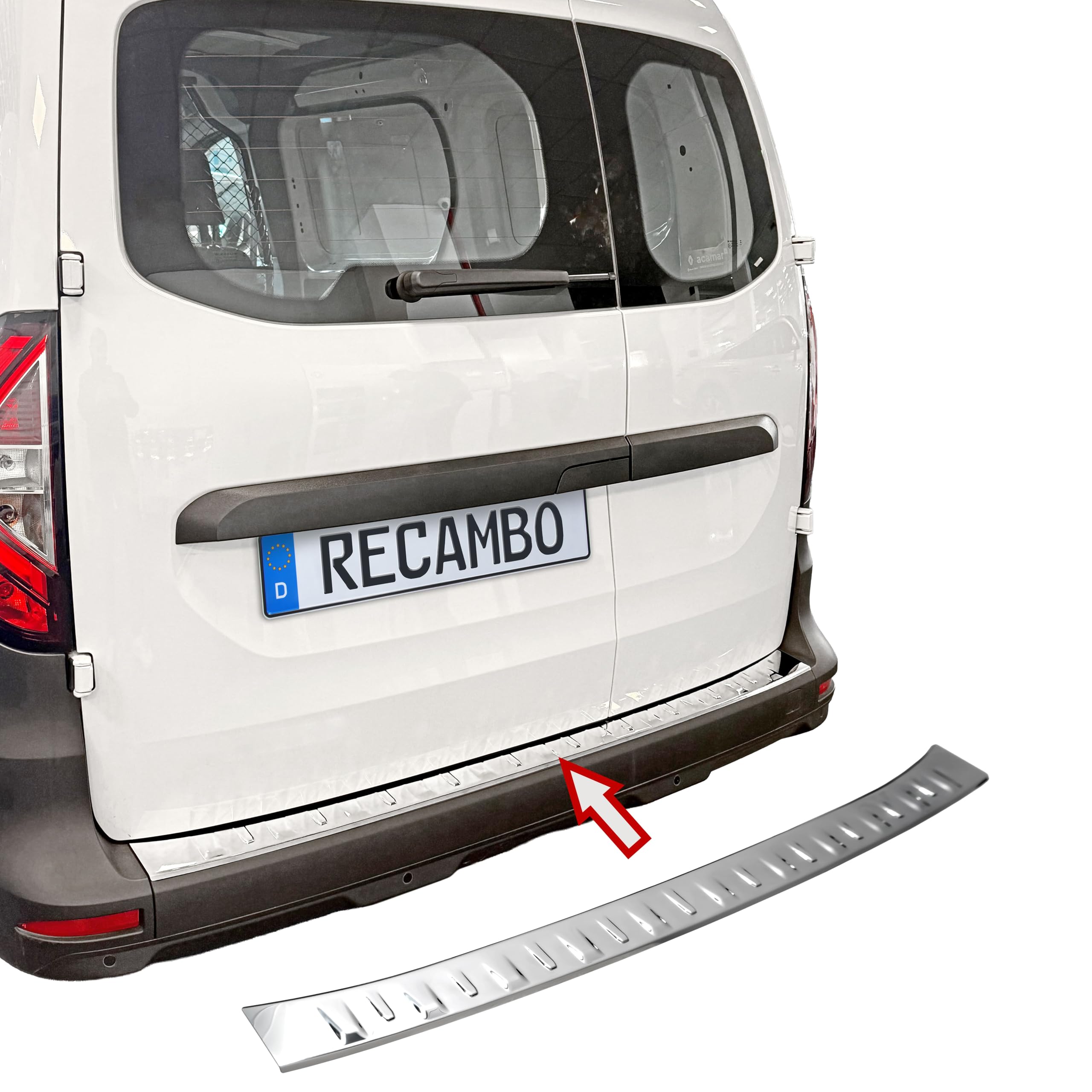 RECAMBO Protector de parachoques de acero inoxidable cromado apto para Renault Kangoo III a partir de 2021 – Protección contra arañazos, contorno perfecto, acero inoxidable, base de cinta adhesiva