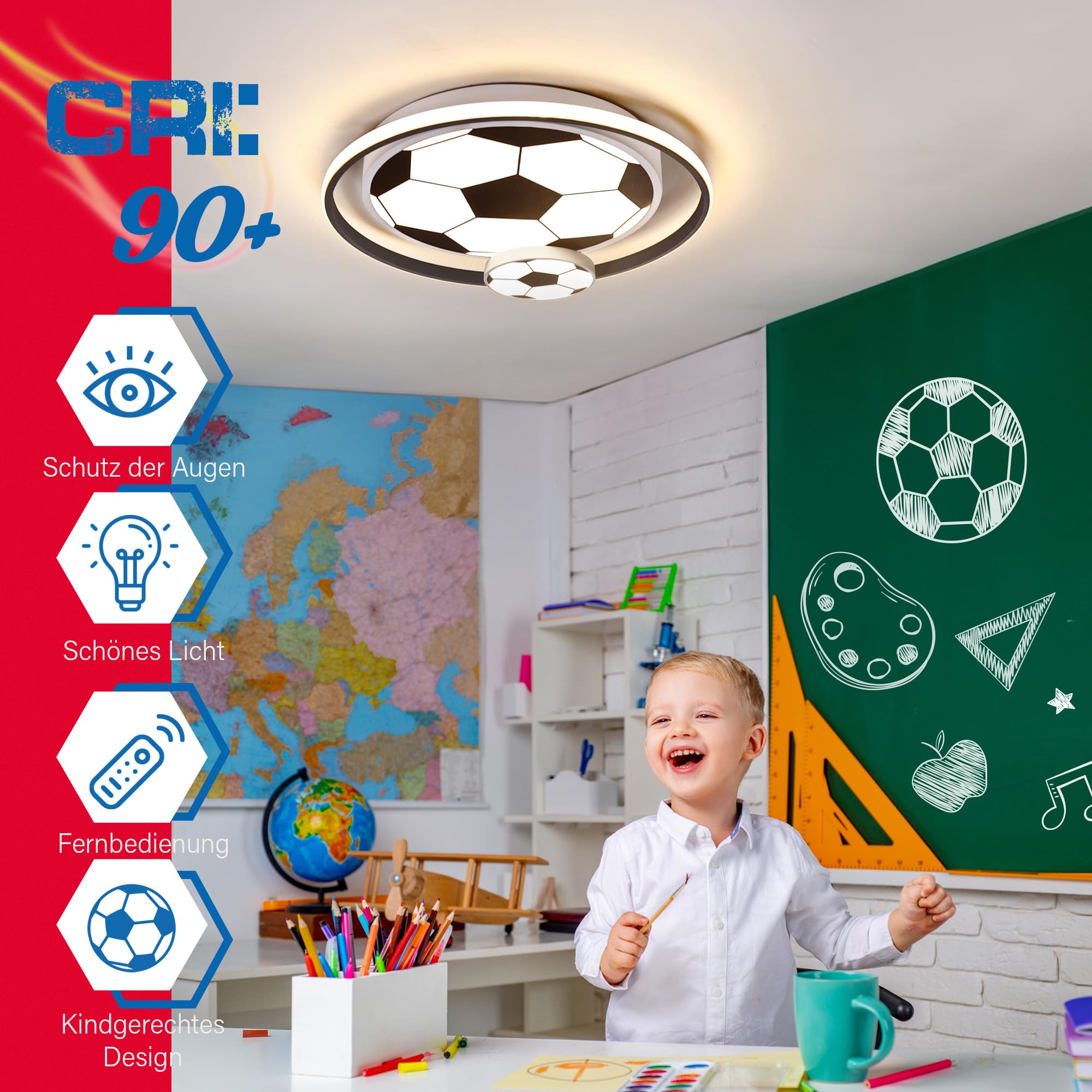 LED Deckenleuchten für Kinder Fußball Deckenlampe Schlafzimmerlampe 3000-6000K Dimmbar Mit Fernbedienung, Nachtlichtfunktion 47W für Kinderzimmerlampe Jugendzimmer Jungen- und Mädchenzimmer 40cm