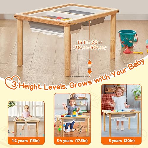 Miniatura 2 de FUNLIO Mesa sensorial de madera con 2 contenedores para niños pequeños de 1 a 5 años, mesa sensorial para niños de 3 niveles de altura ajustable con