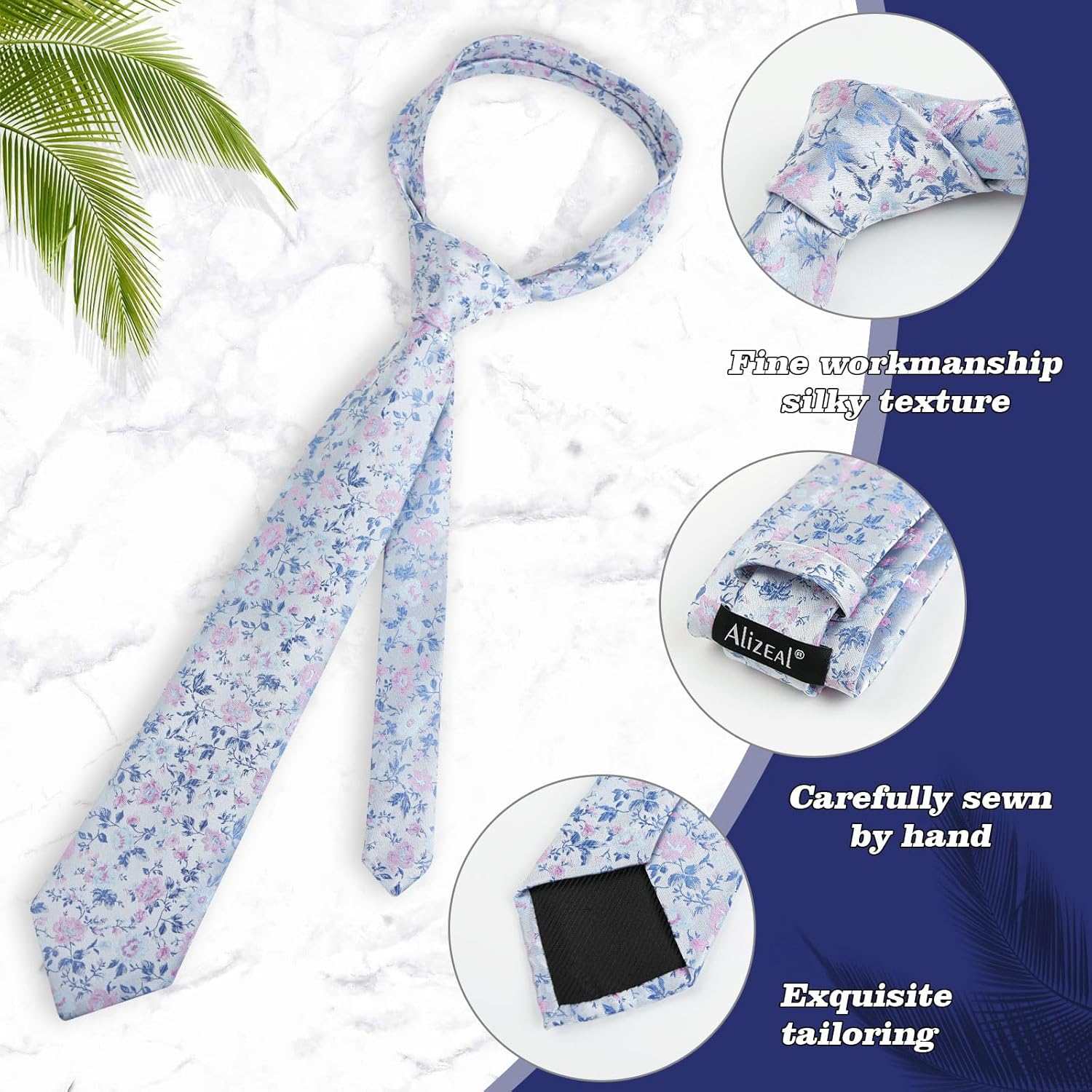 Alizeal Mens 3.15inches Light Color Rustic Tie with Flower Printed Handkerchief - Image 4