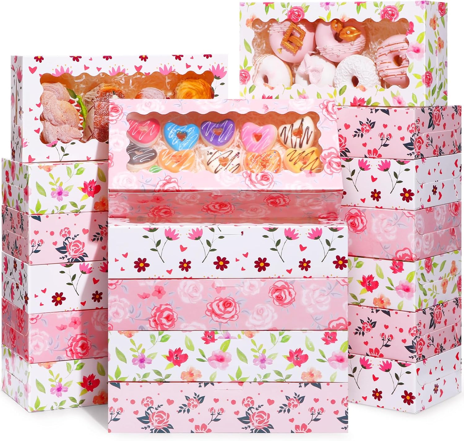Maxcheck 48 Pcs Mother's Day Treat Boxes Floral Gift with Window 12.5" x 5.5" x 2.5" Happy Mother's Day Bakery Flower Cookie Boxes Candy Heart Containers for Party Favors