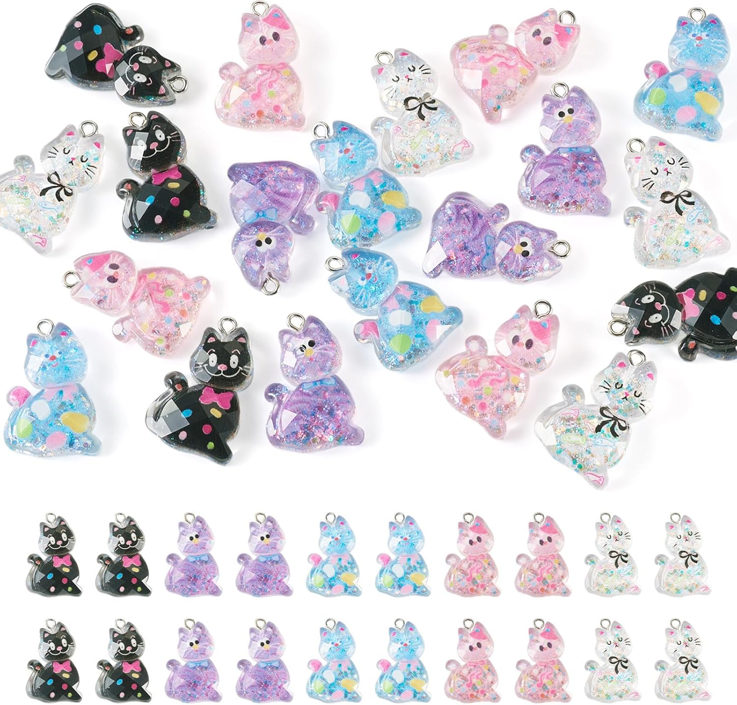 20Pcs Resin Cat Charms Cute Cartoon Kitten Pendants with Glitter Power Pet Animal Dangle Charms Lovely Cat Hang Ornament for DIY Crafts Earring Necklace Keychain Jewelry Making