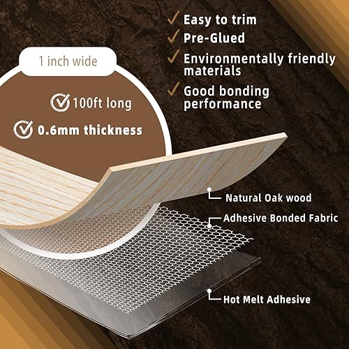 Miniatura 503 de GSCIT Club Bandas de borde de roble, rollo de 1 pulgada x 10 pies de bandas de borde de chapa - Cinta de madera real flexible previamente pegada