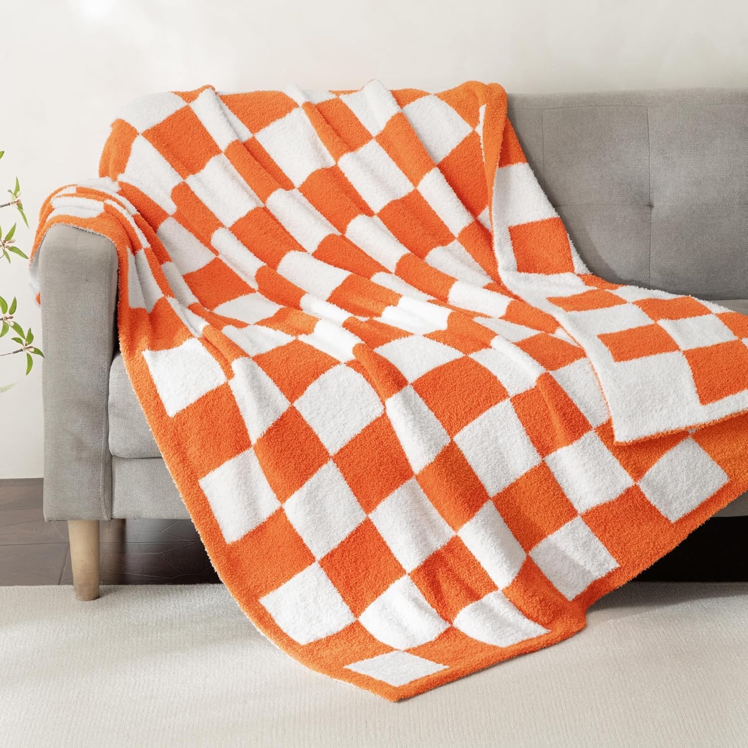Whale Flotilla Checkered Knit Throw Blanket, Ultra Soft Warm Reversible Cozy Decorative Blankets for Couch Sofa and Bed, 50x60 Inch, Orange - Image 8