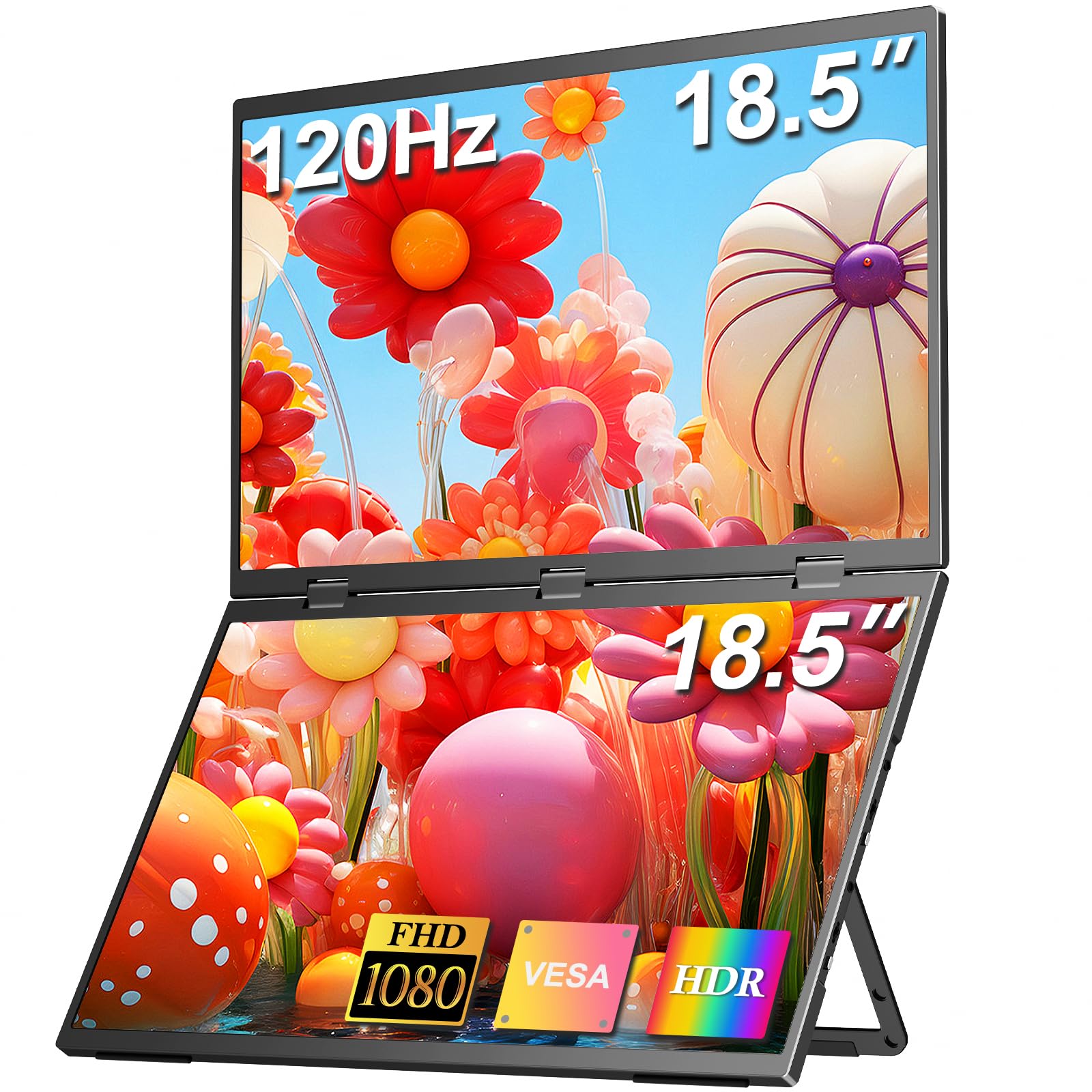 18.5inch Portable Dual Monitor, 1080P FHD 120HZ Triple Laptop Screen Monitor Extender,Dual Speakers USB-C & HDMI Folding Stacked Dual Monitors for Laptop Windows Mac, Stand & VESA