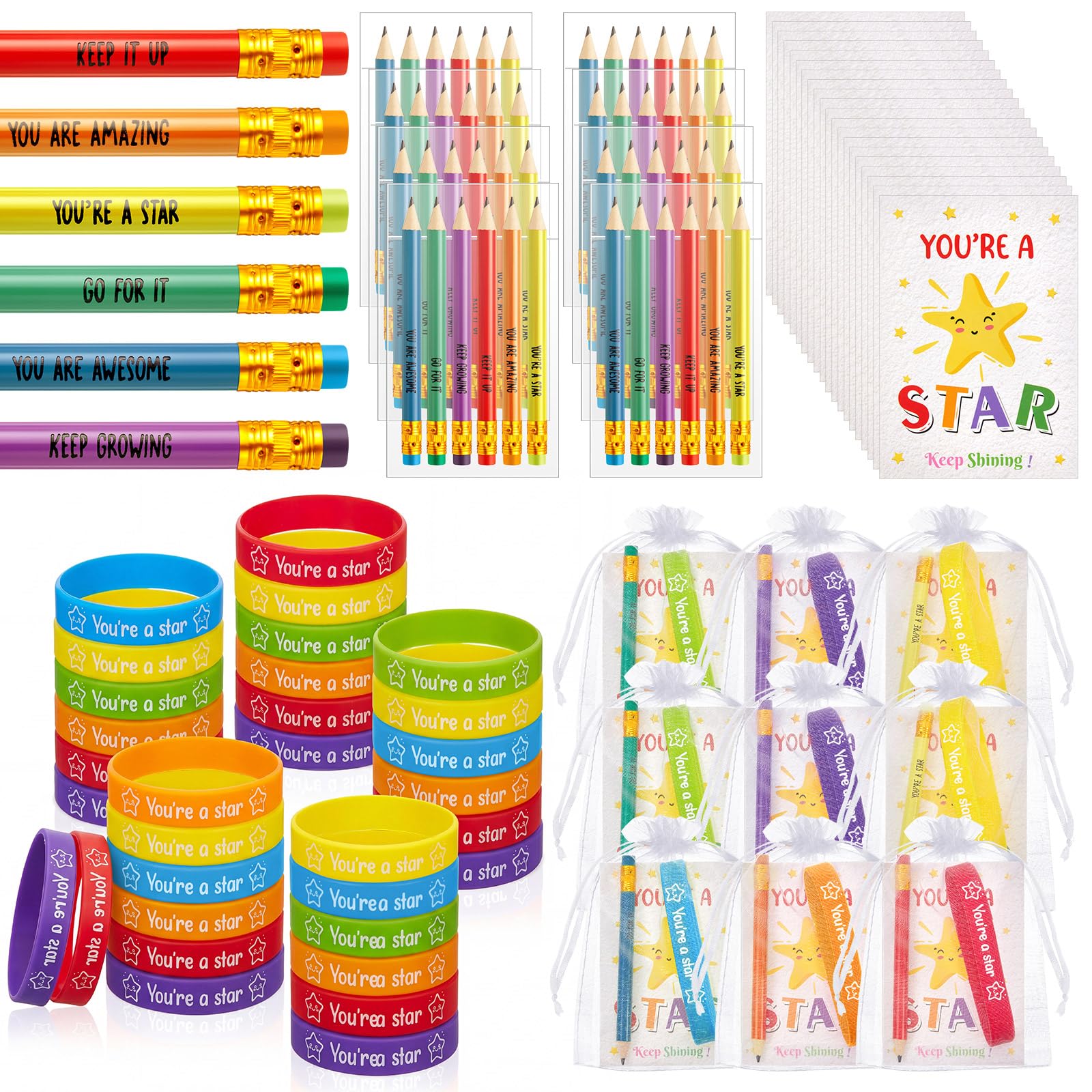 Clabby 30 Set 2026 End of Term Gifts Bulk Star Silicone Wristbands with Motivational Pencils, Greeting Card