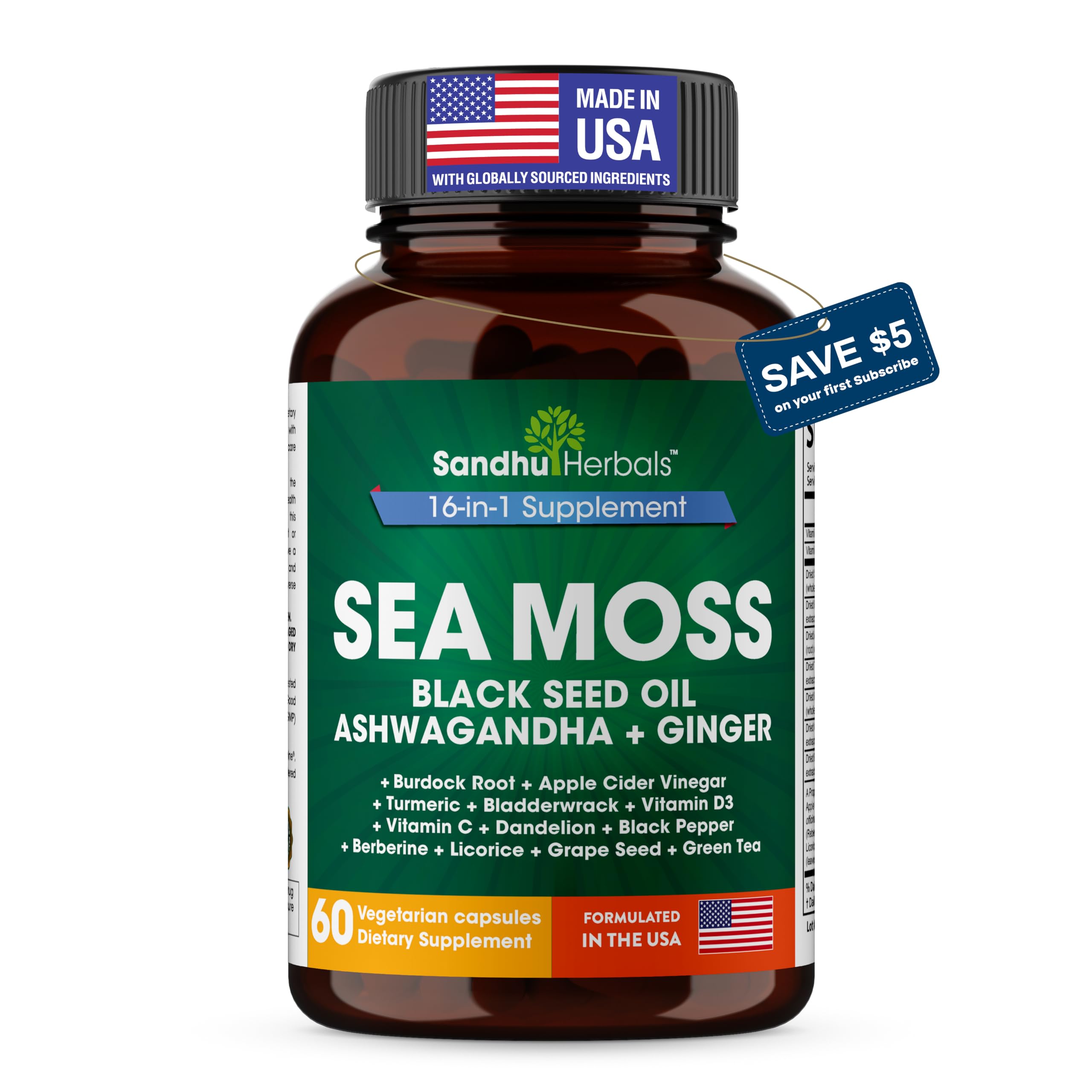 SANDHUHERBALS Sea Moss Capsules with Black Seed Oil Ashwagandha Ginger Burdock Root | Advanced Seamoss 60 Count | All Men Women Age