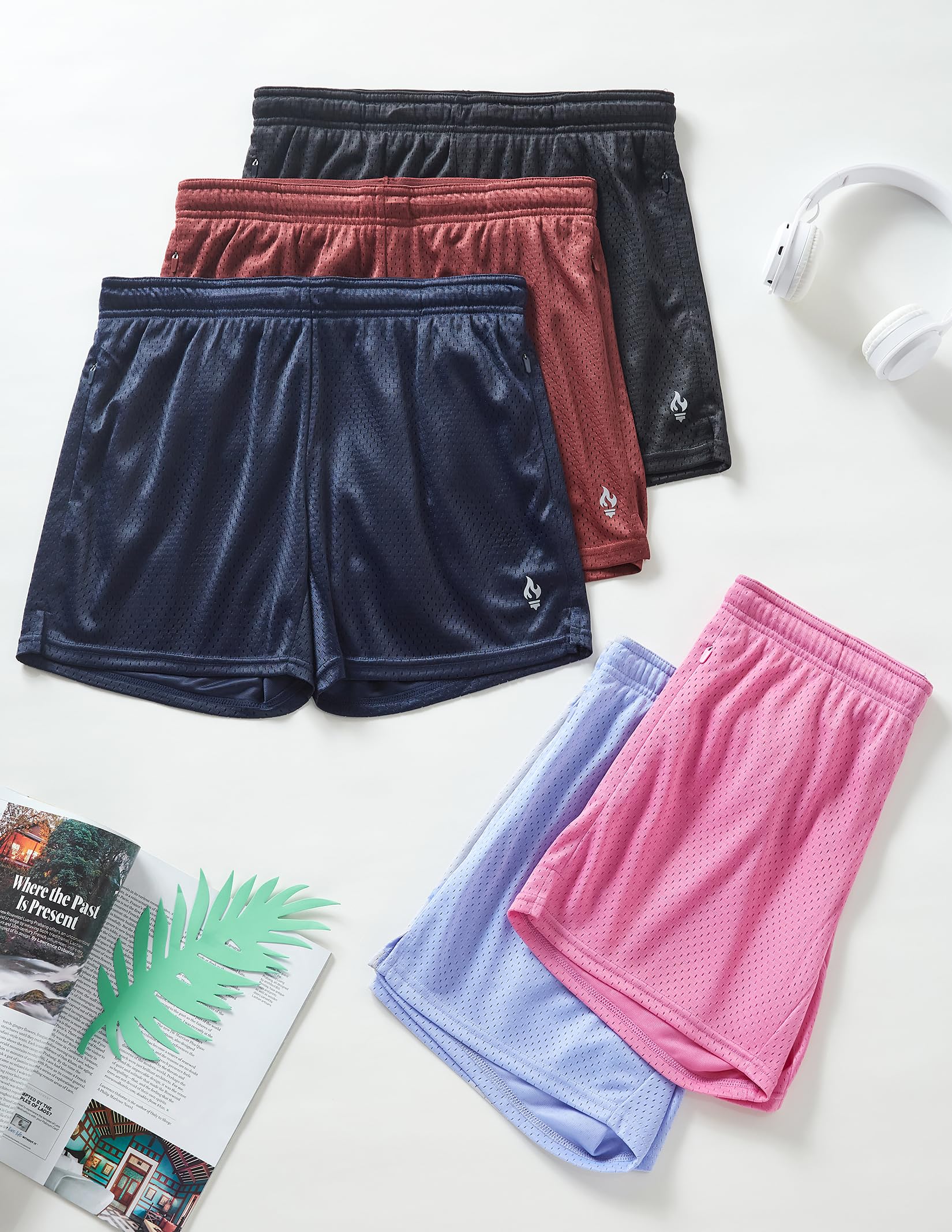Liberty Imports Lot de 5 shorts de sport en maille pour femme avec entrejambe de 12,7 cm, shorts amples à enfiler avec poches zippées, Taille XS